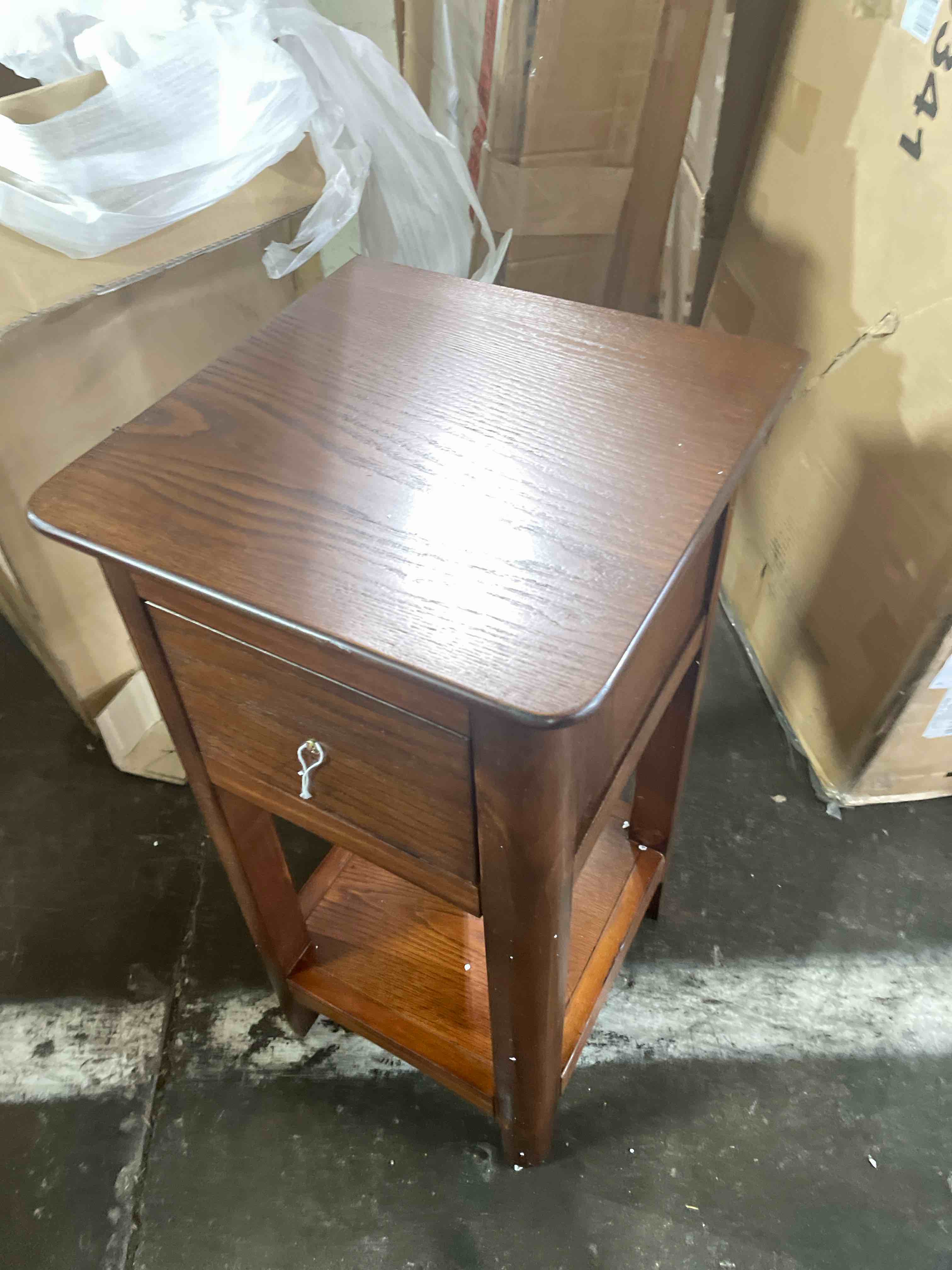 Condition photo showing New/Like New for giantex narrow end table with drawer, 23.5" h side table w/open storage shelf & solid wood frame, small night stand for dorm living room, bedroom, small spaces, no assembly needed, walnut
