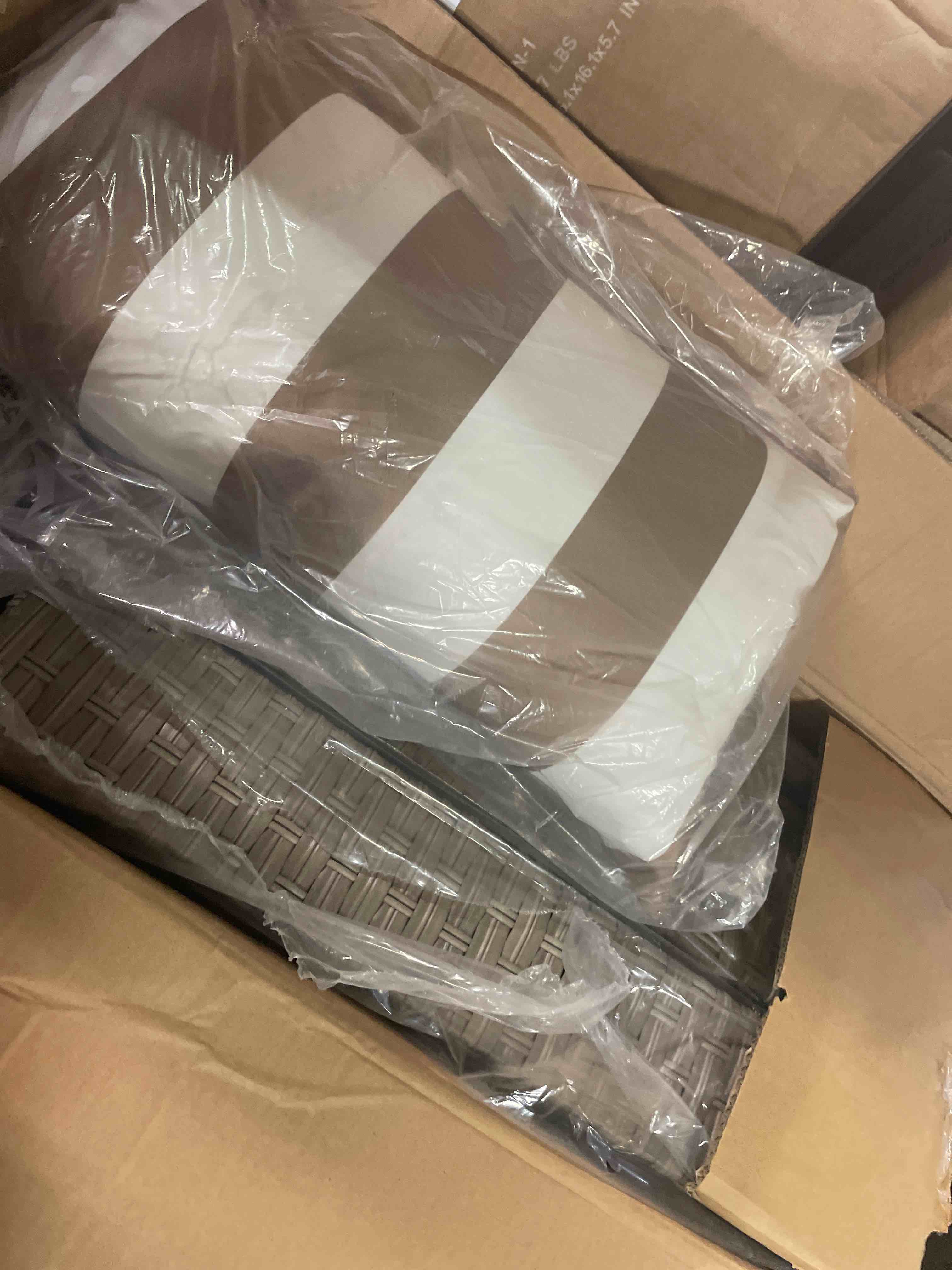 Condition photo showing New/Like New for 3-piece patio furniture set, swivel rocker chairs and table, beige white | two high-back wicker swivel rocking chairs with thick cushions and a matching table for patios, gardens, and backyards