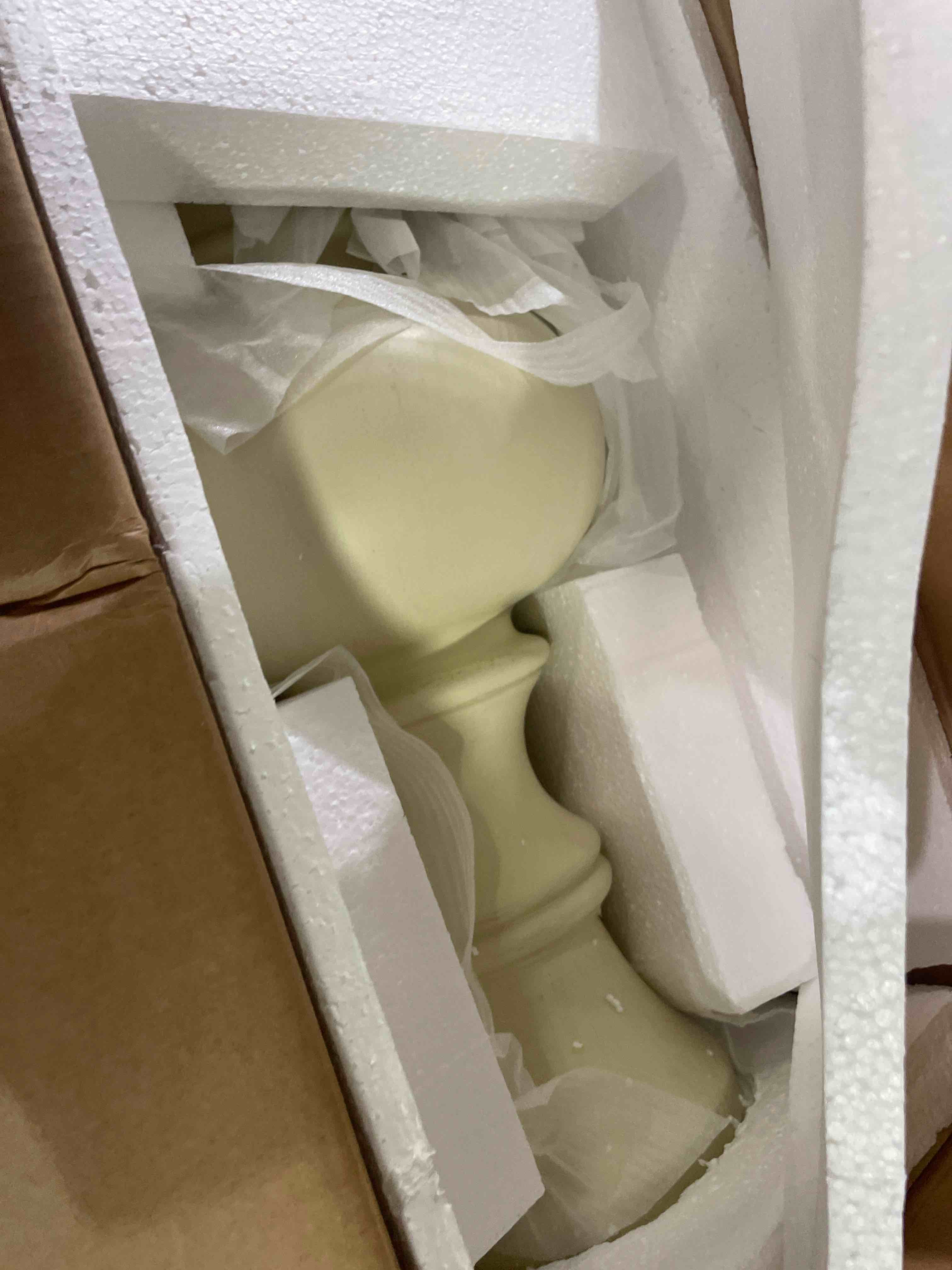 Condition photo showing New/Like New for table base only)row round wood accent table, cream finish, 26 in height, pedestal base, transitional style mdf and birch veneer living room side table or extra surface for entertaining
