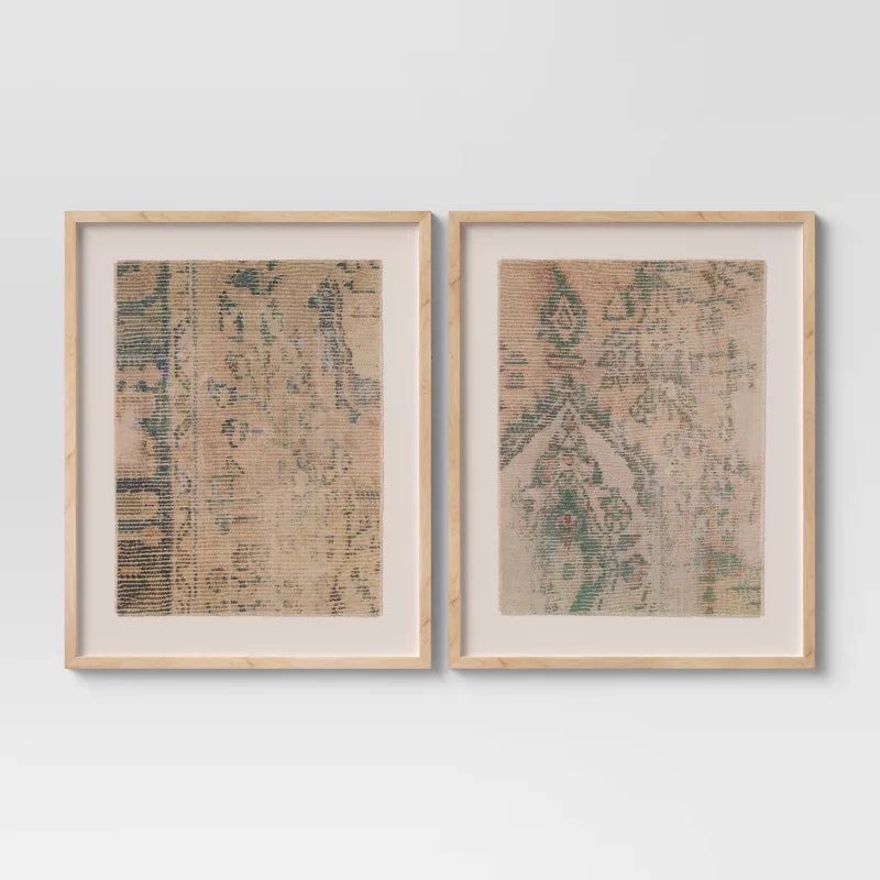 set of 2)textured fabric framed wall art - burlap material, abstract digital art, beige polystyrene frame