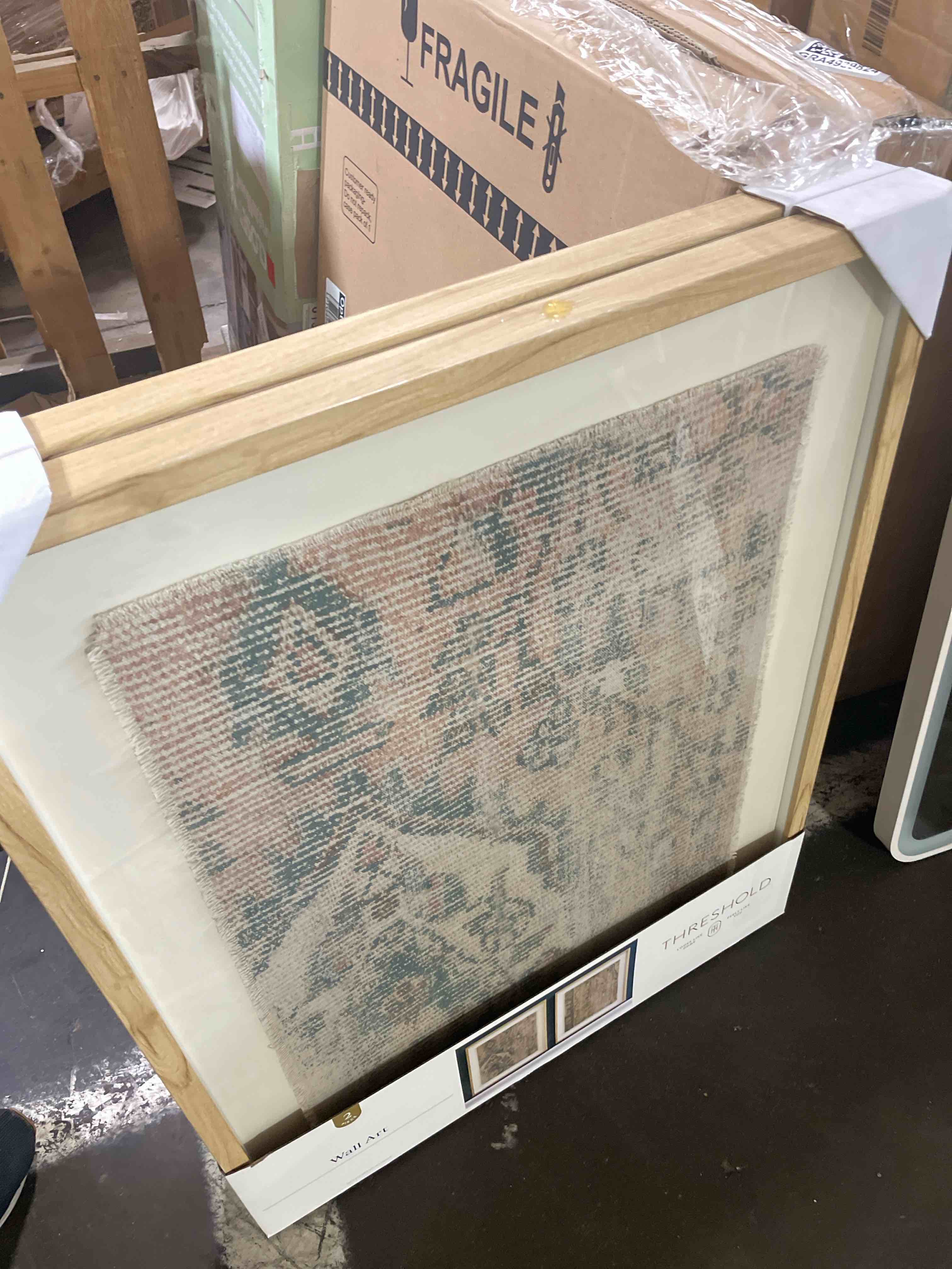 Condition photo showing New/Like New for set of 2)textured fabric framed wall art - burlap material, abstract digital art, beige polystyrene frame