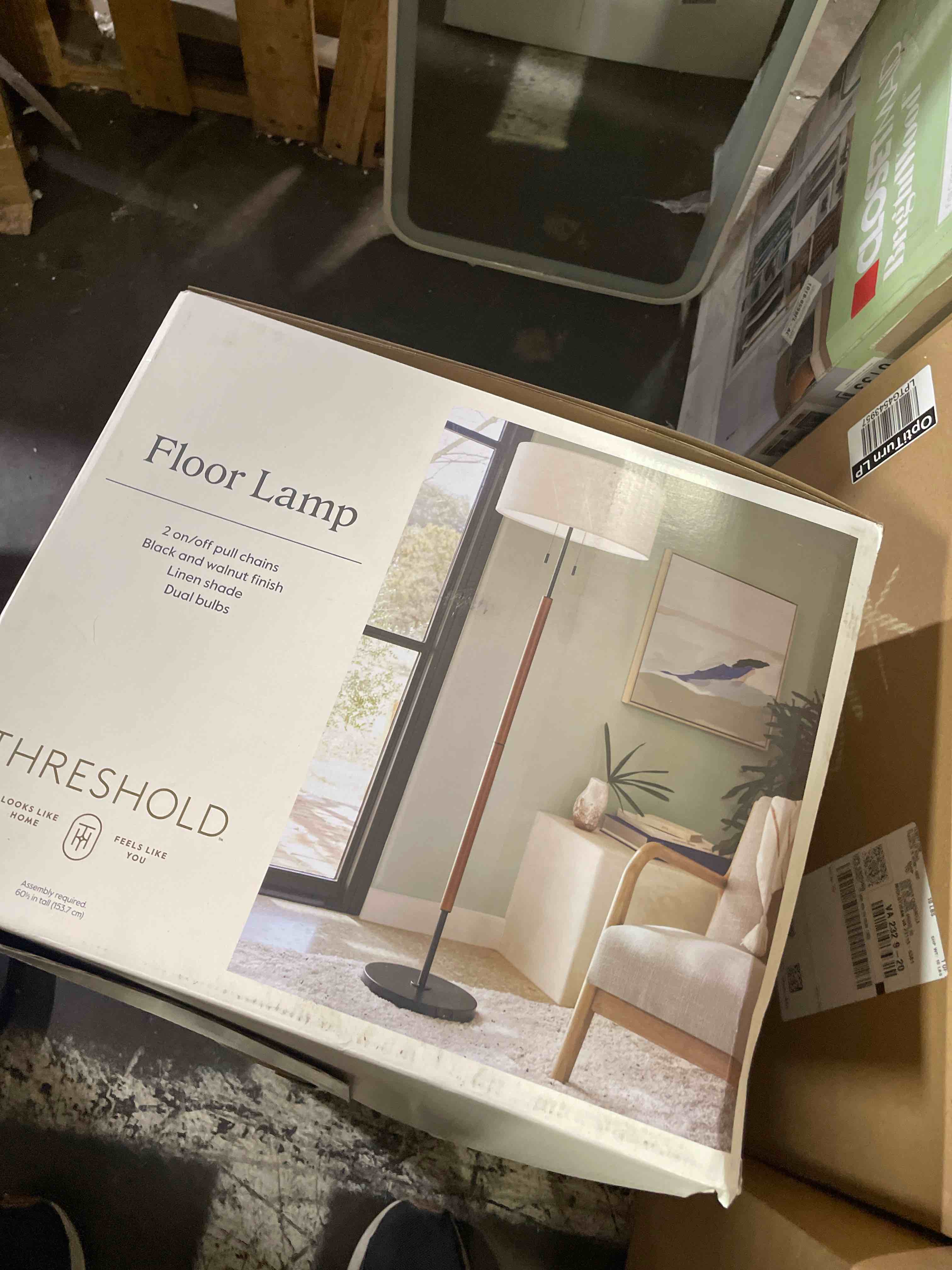Condition photo showing New/Like New for btp modern floor lamp for living room, 2-light wood standing lamp with dual switch, tall reading standing light for bedroom office dining room farmhouse, 3 color temperatures 9w bulbs*2 included black metal + brown solid wood