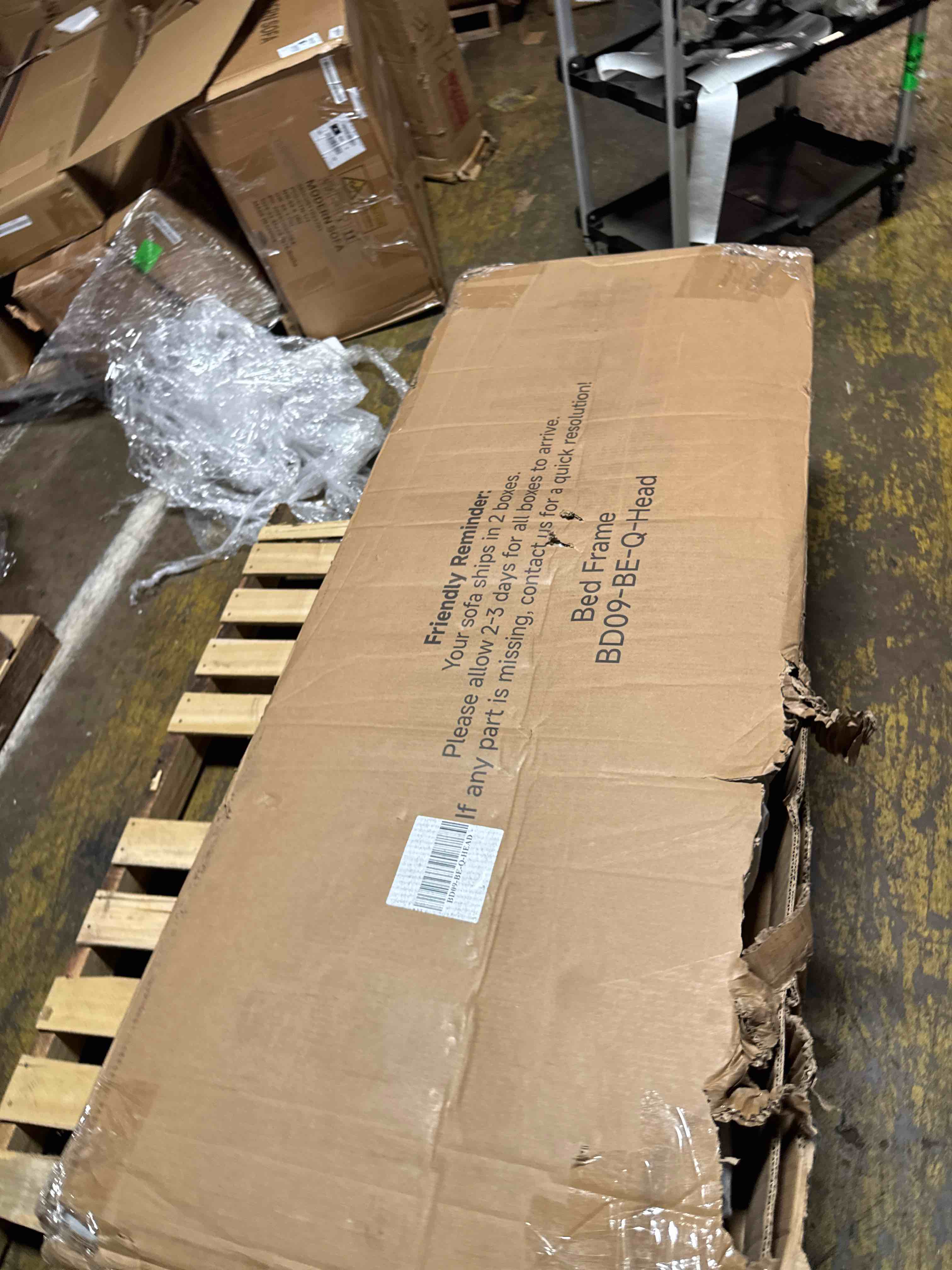 Condition photo showing As Is for queen size upholstered bed frame with button tufted wingback headboard and wooden slats support mattress foundation-beige( similar)