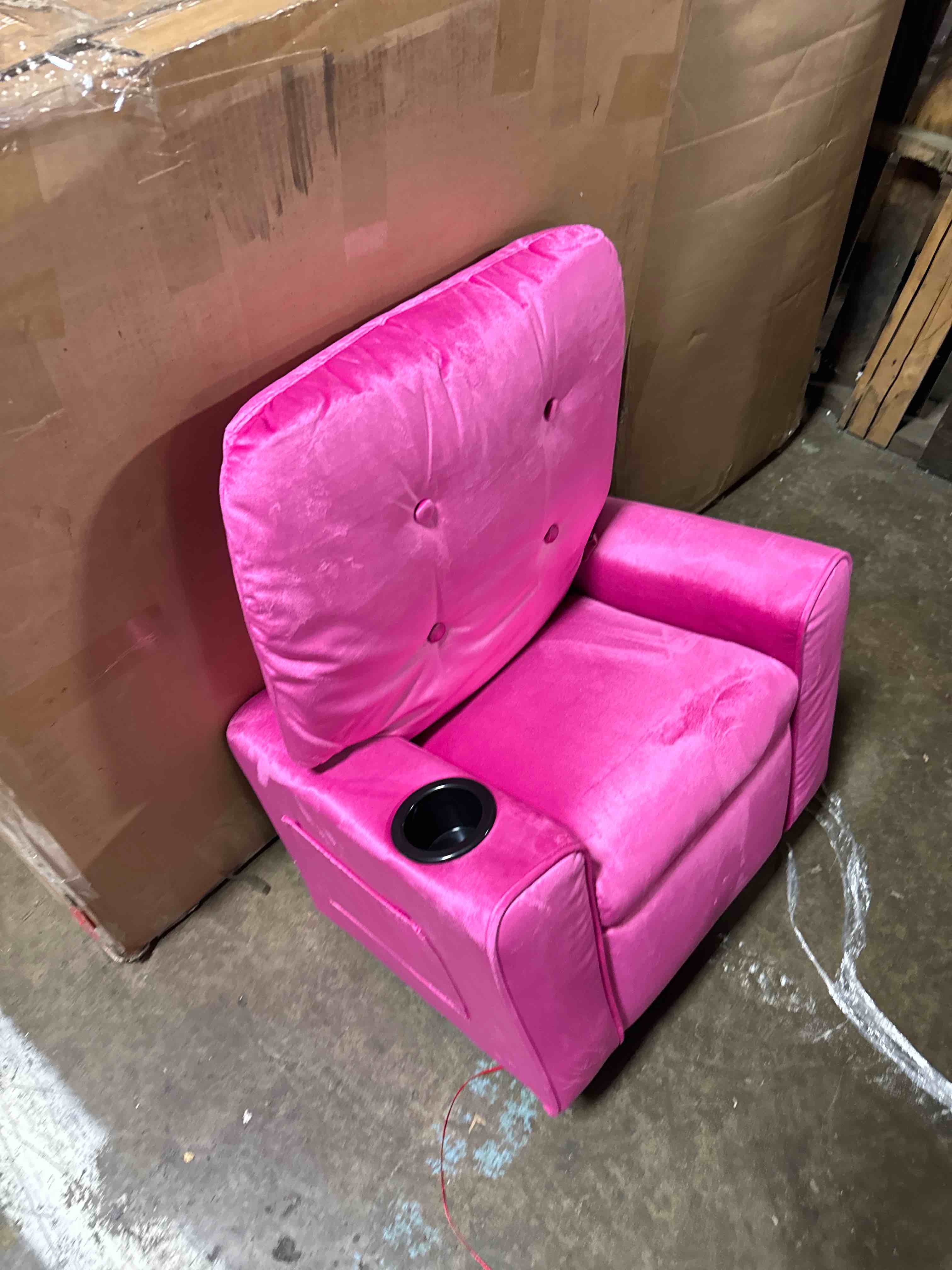 Condition photo showing New/Like New for infans kids recliner, toddler lounge chair with adjustable backrest footrest side pockets cup holder 90 lbs load, velvet fabric toddler couch