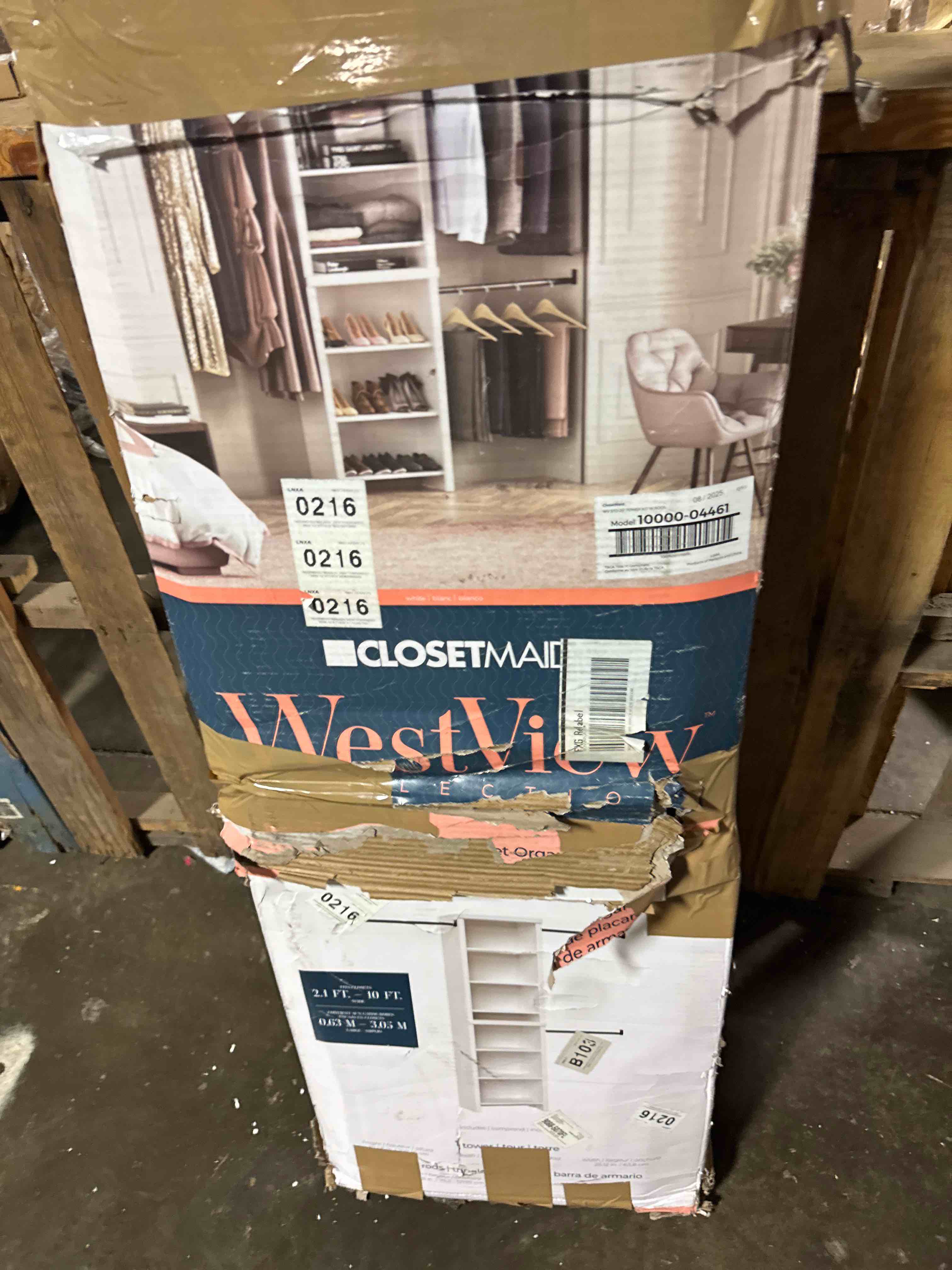 Condition photo showing As Is for closetmaid suitesymphony wood closet organizer system, 25-inch starter kit with tower and 3 hang rods and shelving, adjustable shelves, customizable insert, reach-in or walk-in closets, pure white