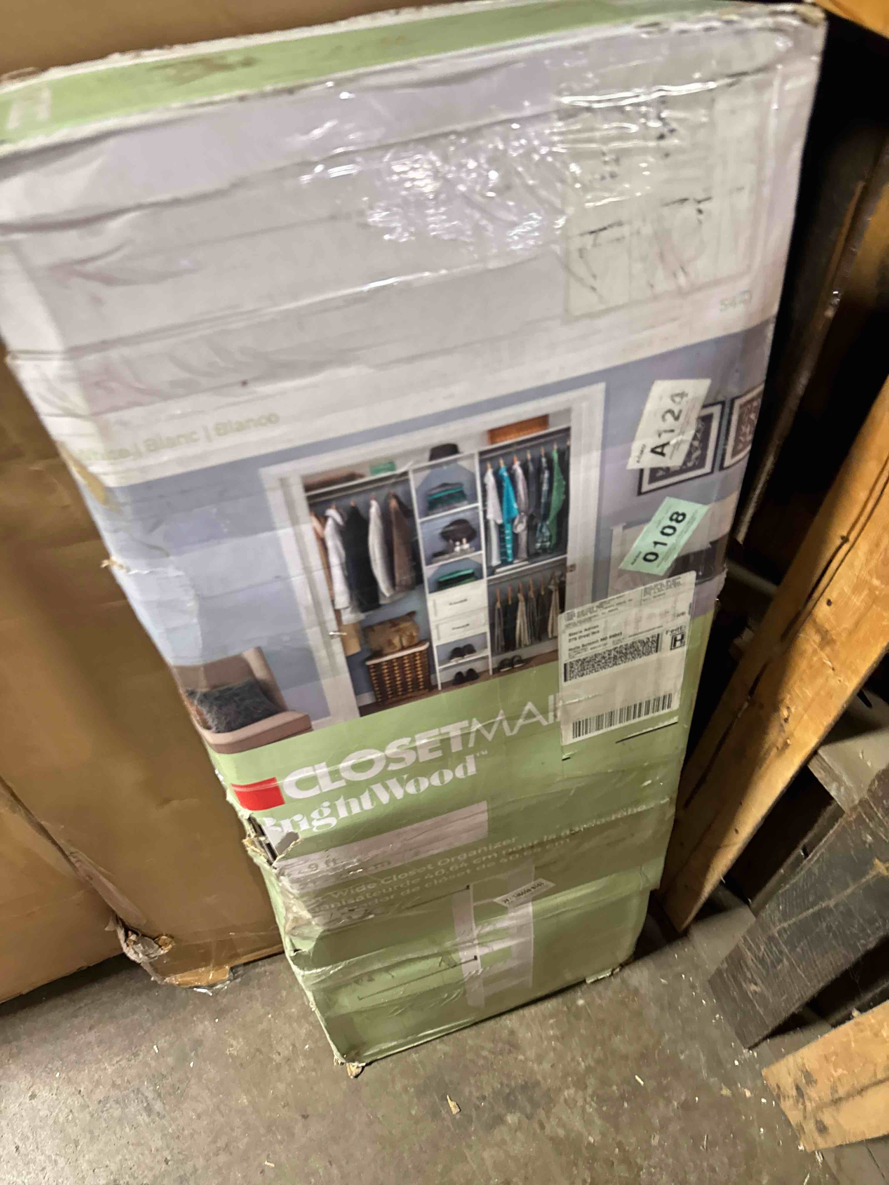 Condition photo showing As Is for closet system with drawers, 5ft-8ft closet organizer system with shelves & expandable hanging rods, 96" walk in storage closet system wood, white