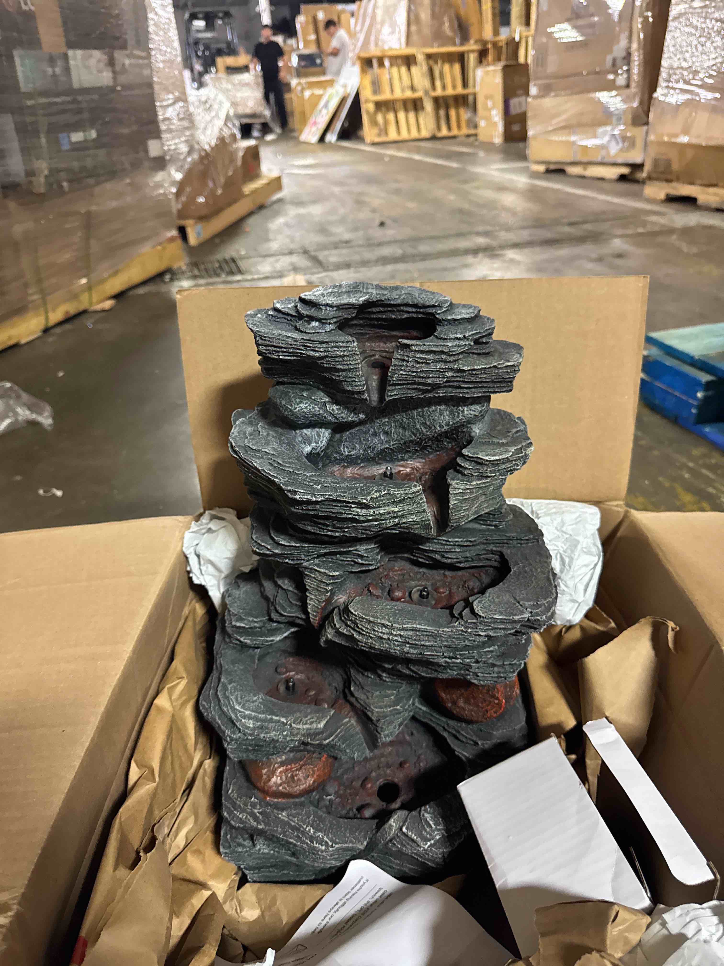 Condition photo showing Good Condition for 40" outdoor water fountain with led lights - 5-tier cascading rock waterfall fountain, natural rock look, ideal for garden, landscaping, patio, balconies and yard decor( similar see pics)