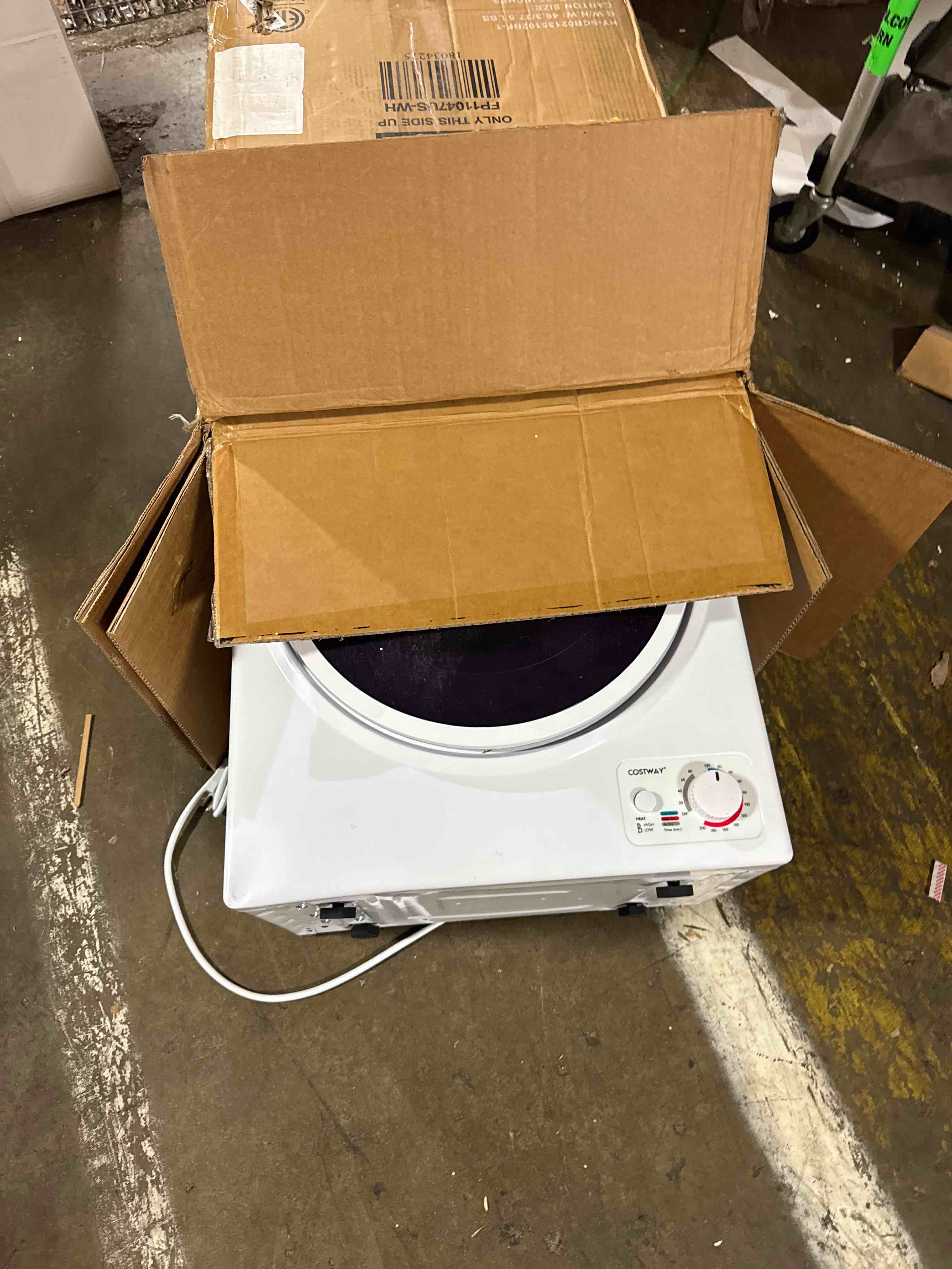 Condition photo showing As Is for winado portable clothes dryer, 1.5 cu.ft. mini laundry dryer, 5.5lbs compact electric dryer w/simple control knob, stainless steel tub, wall mounting kits, for apartments dorms rvs, 120v 850w