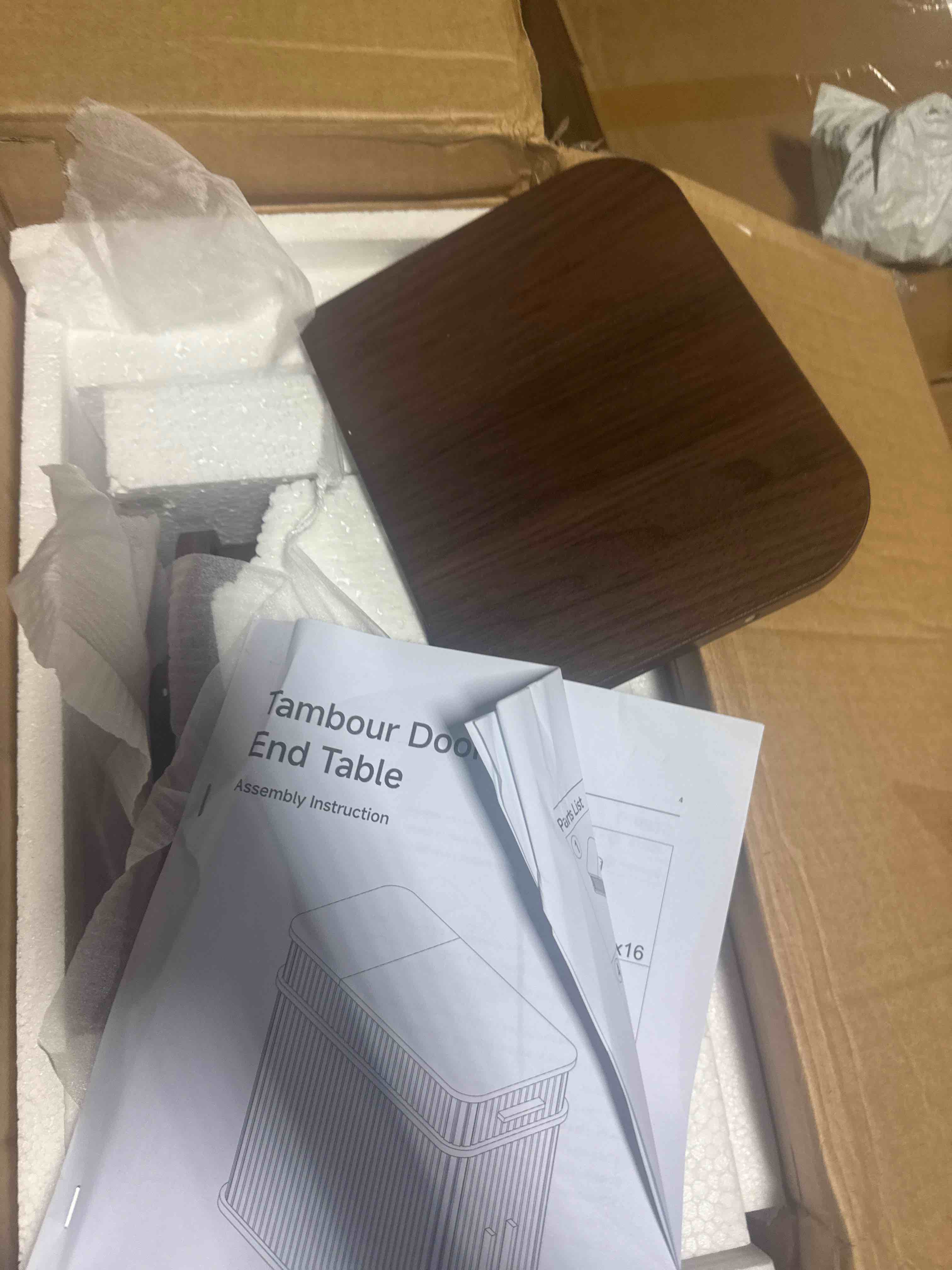 Condition photo showing New/Like New for onbrill fluted end table with charging station, narrow side table with drawers, skinny nightstand with storage, mid-century modern bedside tables for small space living room sofa couch, patent pending color brown)