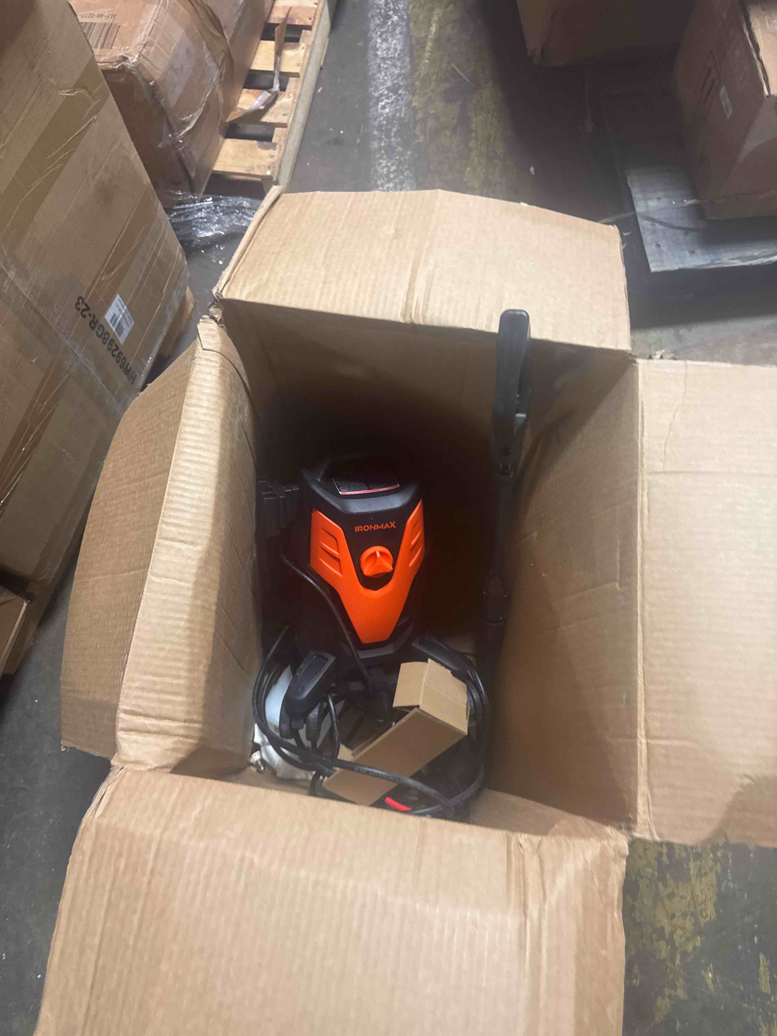 Condition photo showing As Is for goplus electric pressure washer, 2300 max psi 1.8 gpm cleaner machine with 4-nozzle set, foam cannon, portable high power washer with wheels & telescopic handle for fence, driveway, cars, green/orange