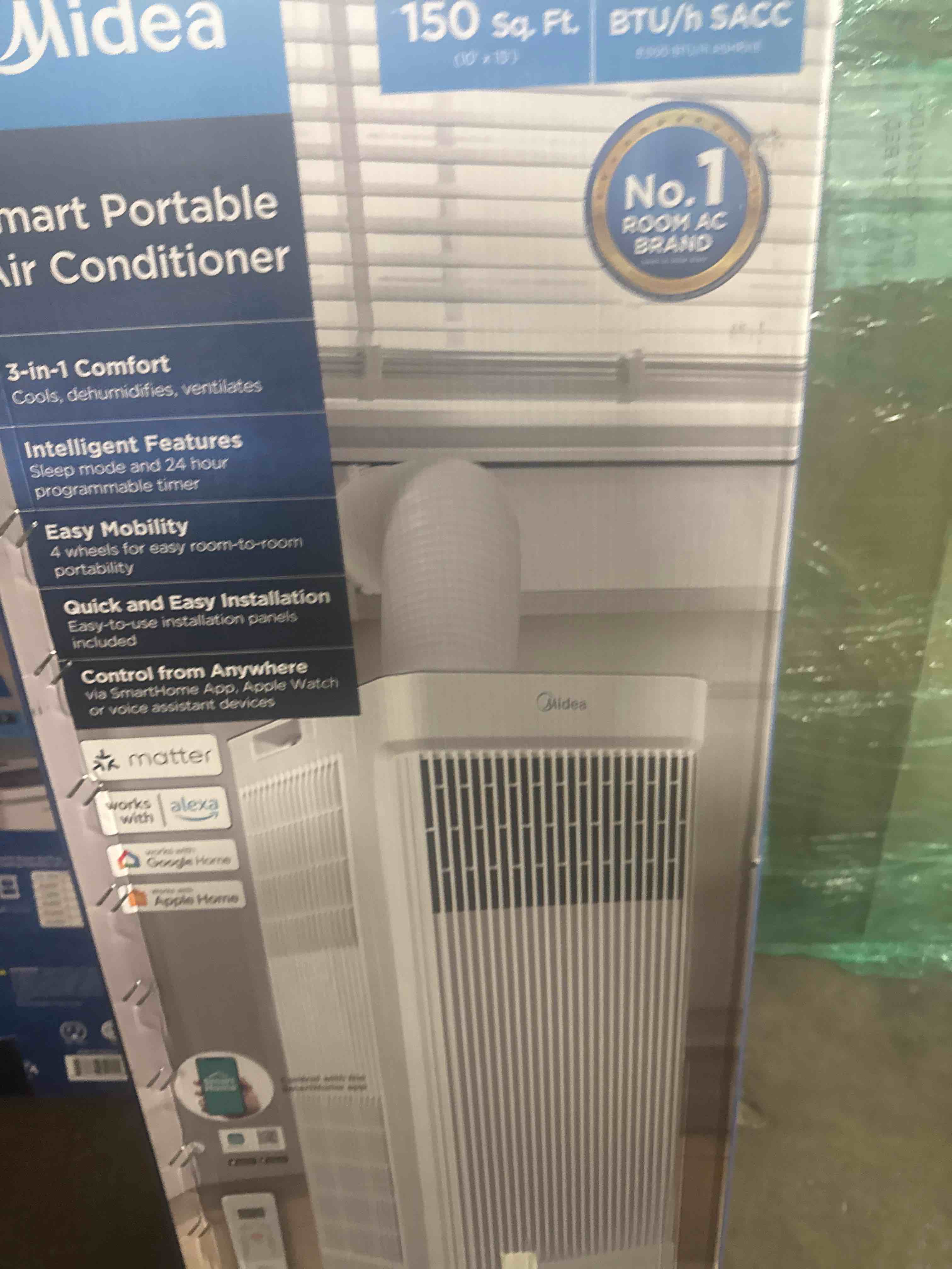 Condition photo showing As Is for midea 8,500 btu ashrae (5,000 btu sacc) portable air conditioner, smart control, cools up to 150 sq. ft., with dehumidifier & fan mode, easy- to-use remote control & window installation kit included" 8,500 btu, wifi