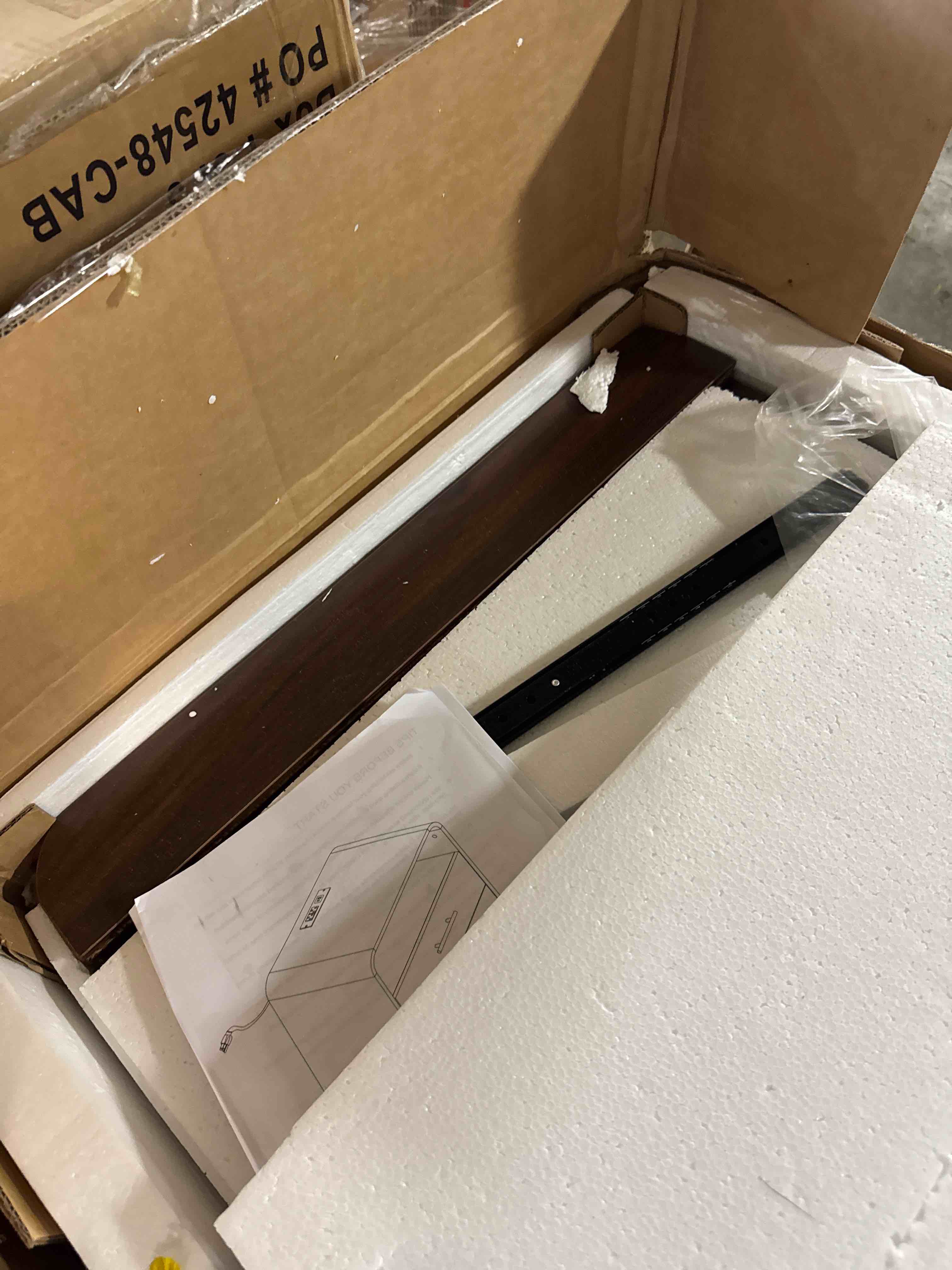 Condition photo showing New/Like New for 25" tall modern nightstand with charging station, 23.6'' wide wood bedside table w/2 storage drawers, large mid century end table for bedroom, living room, curved profile design,brown oak