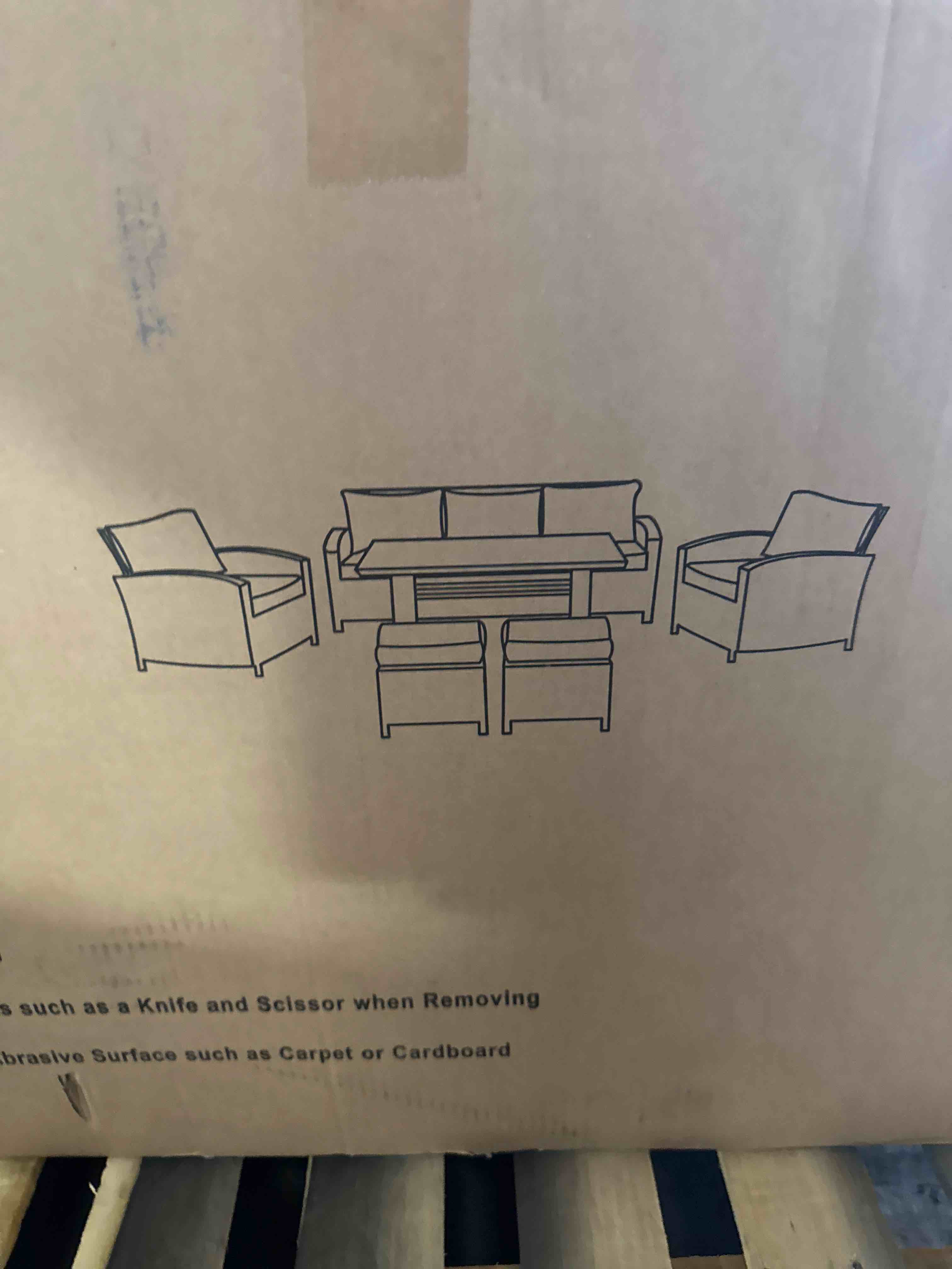Condition photo showing As Is for hummuh 8 piece patio furniture set outdoor sectional sofa,high back patio swivel rocker chairs with ottomans coffee table for porch,garden,backyard(brown/beige)( similar see pics ,not complete)