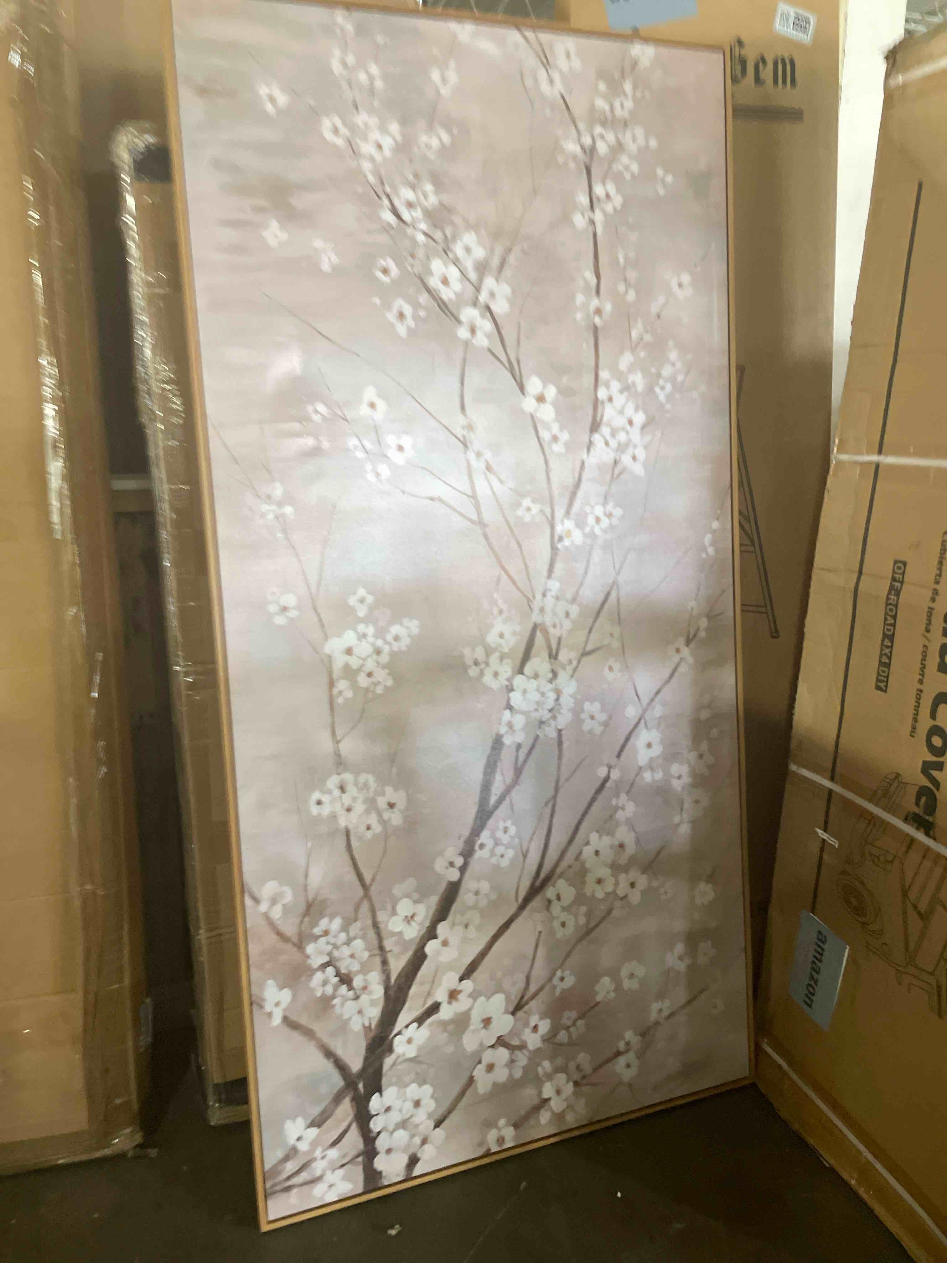 Condition photo showing As Is for xianshou plum blossom wall decor white flowers painting on canvas nature wall art for bedroom 24"x 48" wall decorations for living room office 48"l x 24"w brown