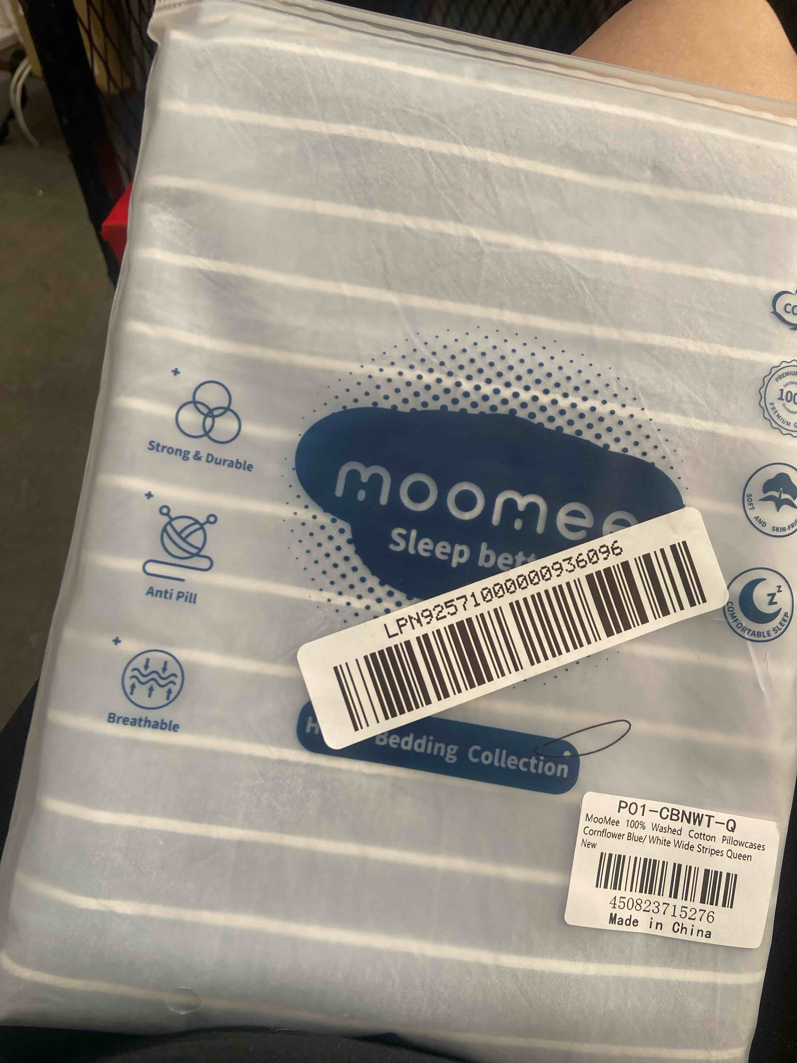 Condition photo showing New/Like New for moomee bedding pillowcases striped pack of 2 100% washed cotton linen like textured breathable durable soft comfy (cornflower blue white wide stripes, queen)