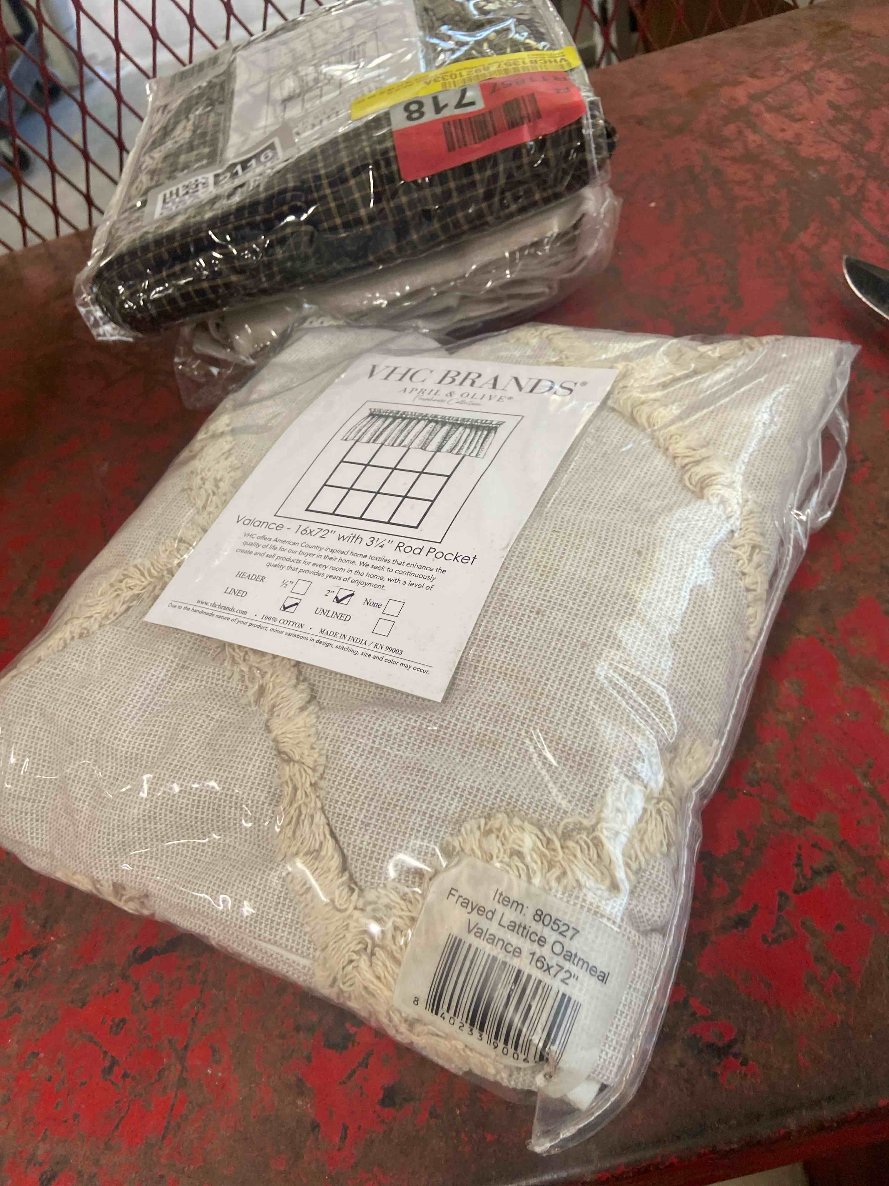 Condition photo showing New/Like New for vhc brands frayed lattice curtain valance oatmeal 16x72