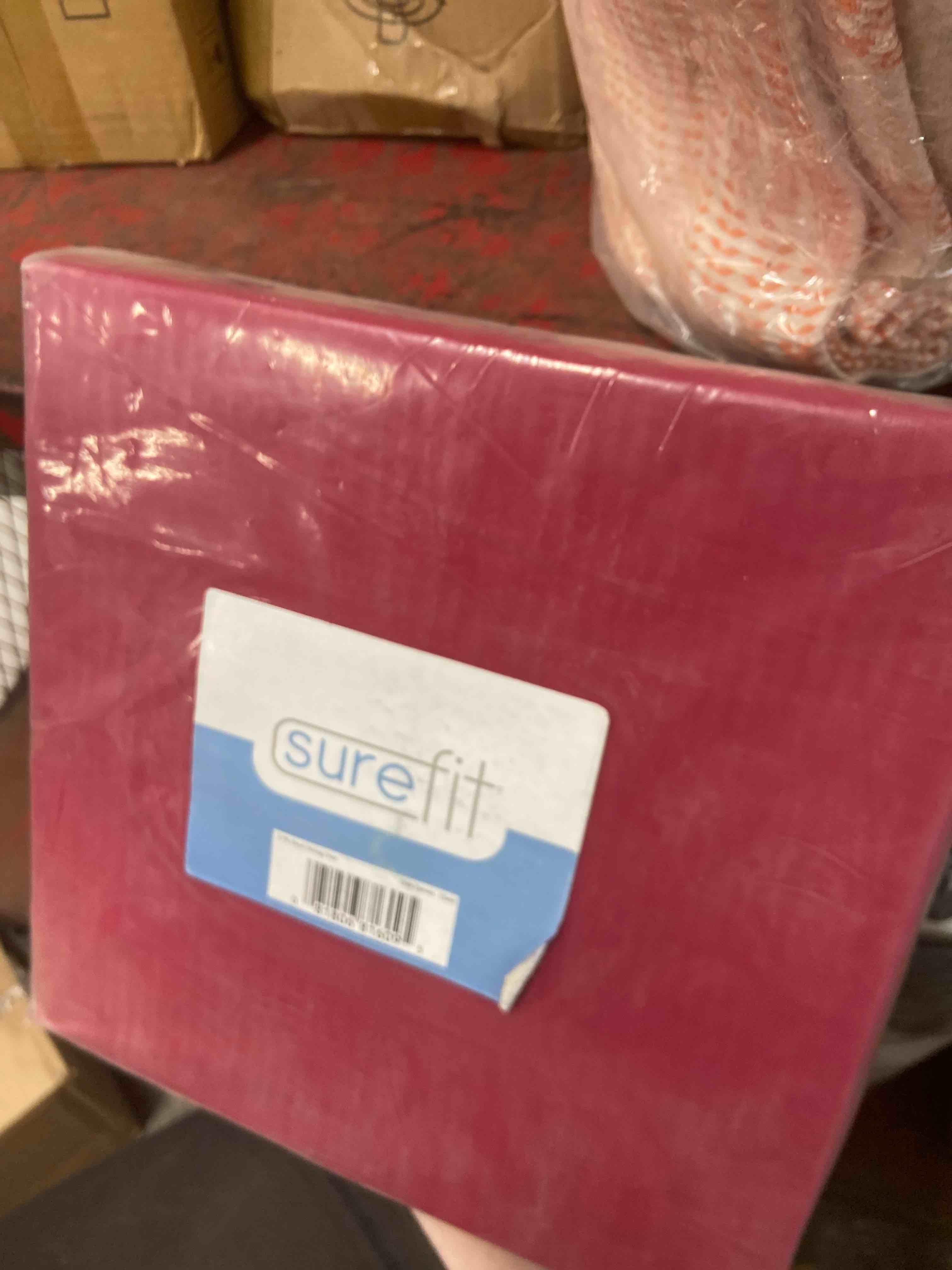 Condition photo showing New/Like New for surefit cotton duck canvas short dining room chair covers, dining chair cover with 6 inch skirt, removable and machine washable, set of 2 dining chair covers, claret