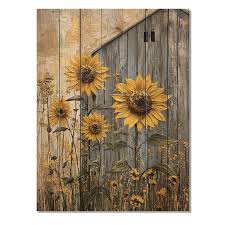 Vintage Sunflowers By The Grain Barn II - Sunflowers Wood Wall Decor - On Natural Pine Wood