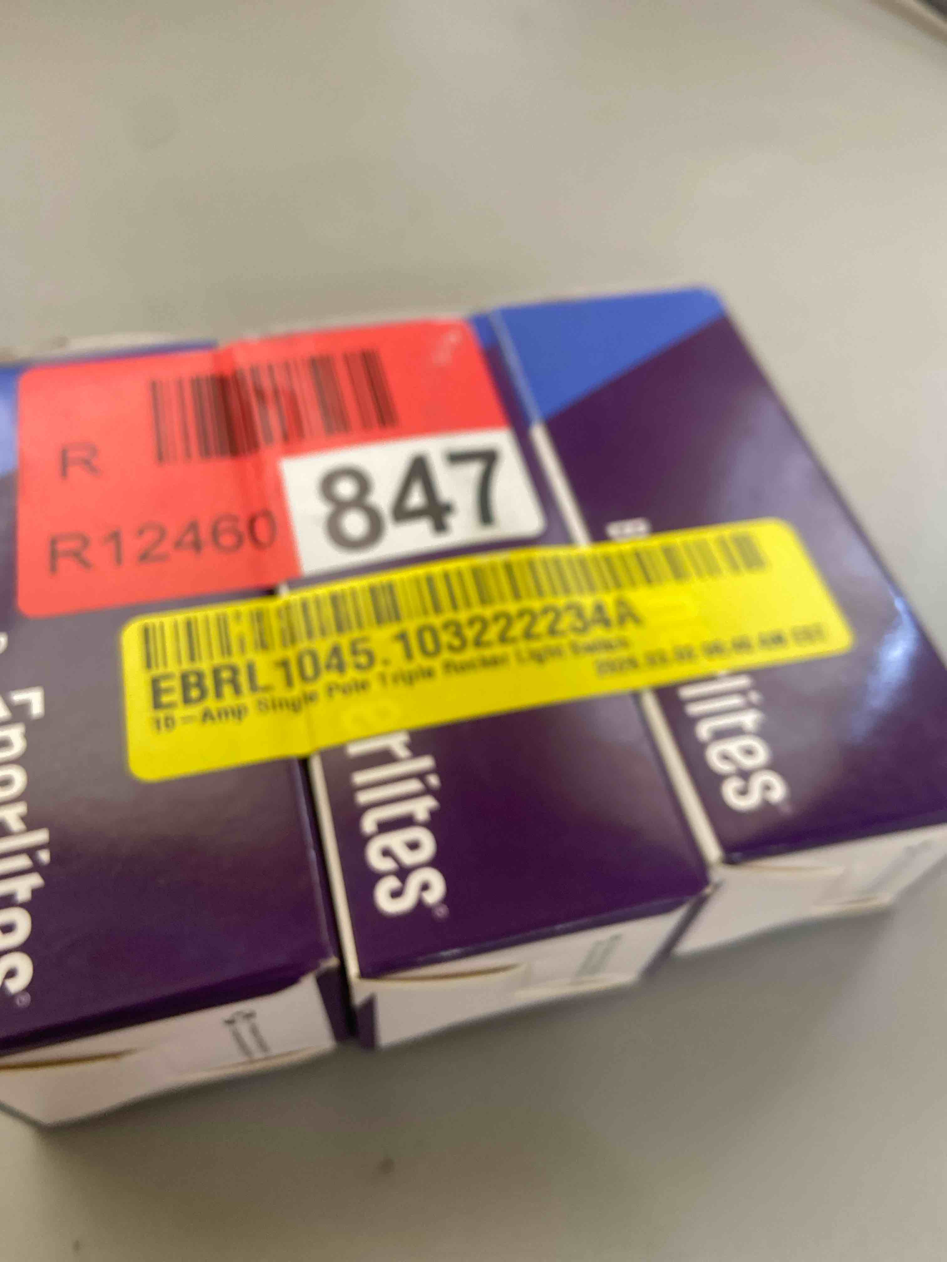 Condition photo showing New/Like New for enerlites triple paddle rocker combination decorator switch, gloss finish, ground terminal, side wiring, copper only, single pole, residential/commercial grade, 62755-la, light almond