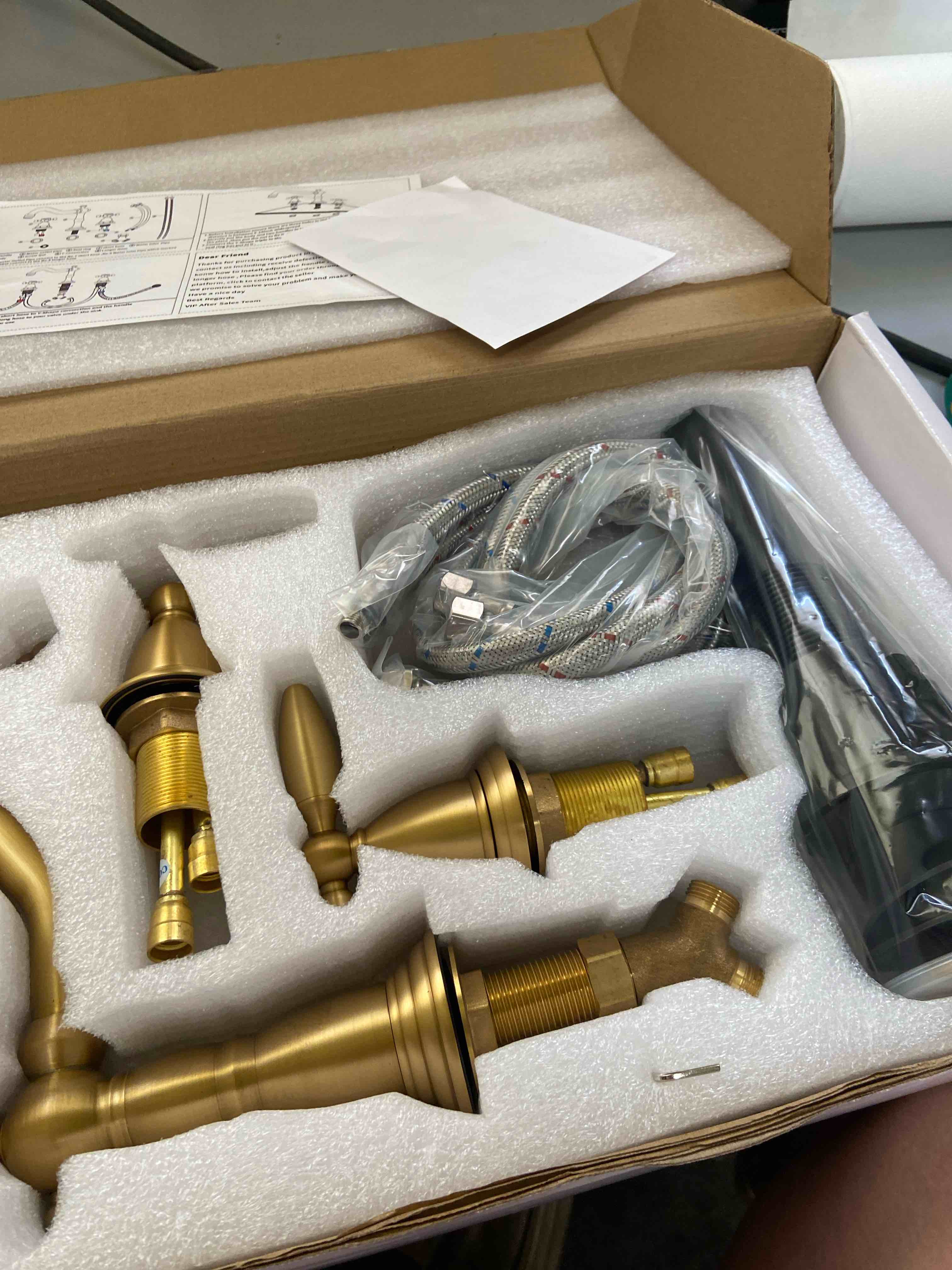 Condition photo showing New/Like New for antique brushed gold bathroom faucet 3 hole, widespread bathroom sink faucet with pop up drain and cupc supply hose, modern 2 handle vanity faucet gold jxm3073bg