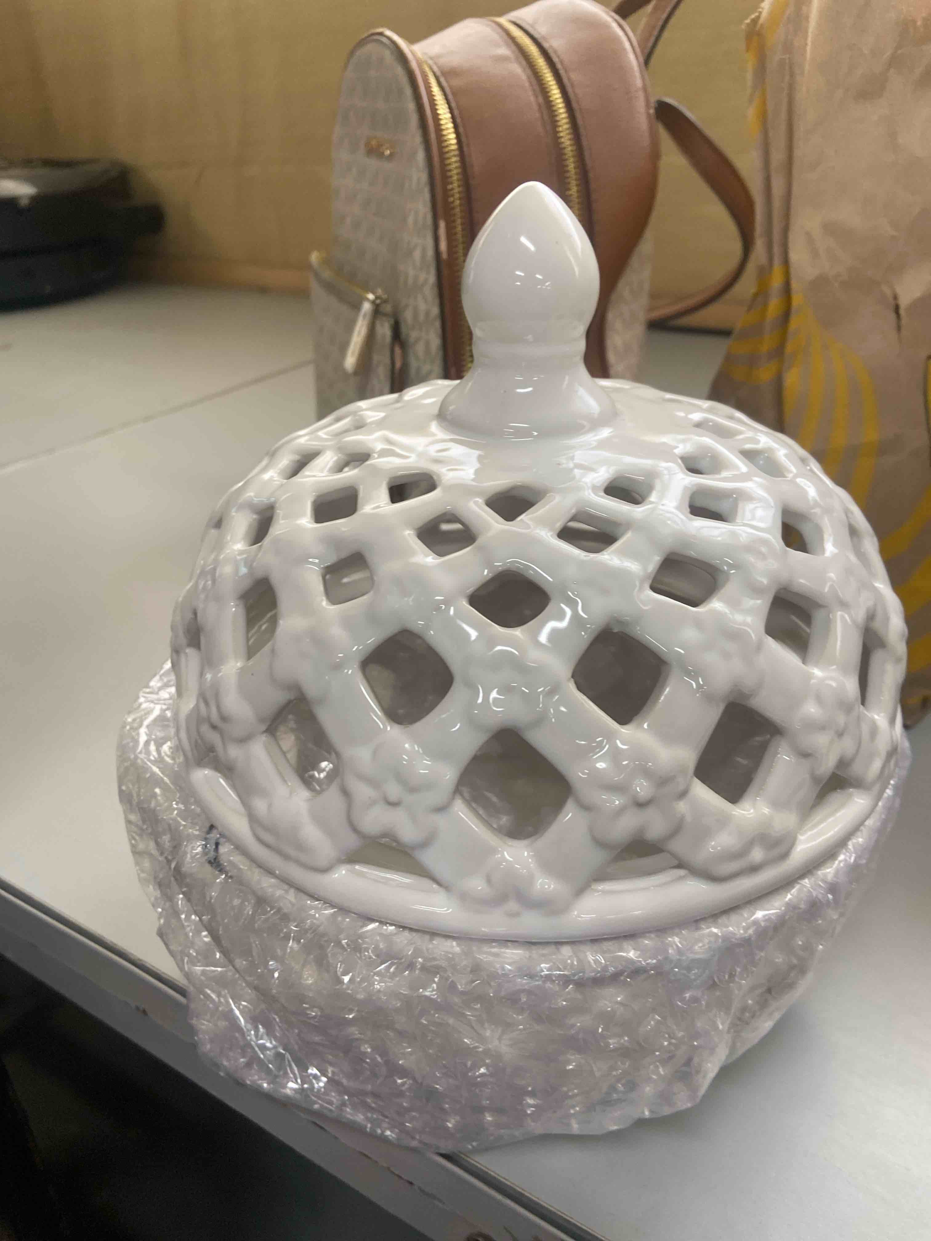 Condition photo showing New/Like New for a&b home ceramic lidded jar white porcelain jar home décor tabletop decorative 8" x 8" x 10"
