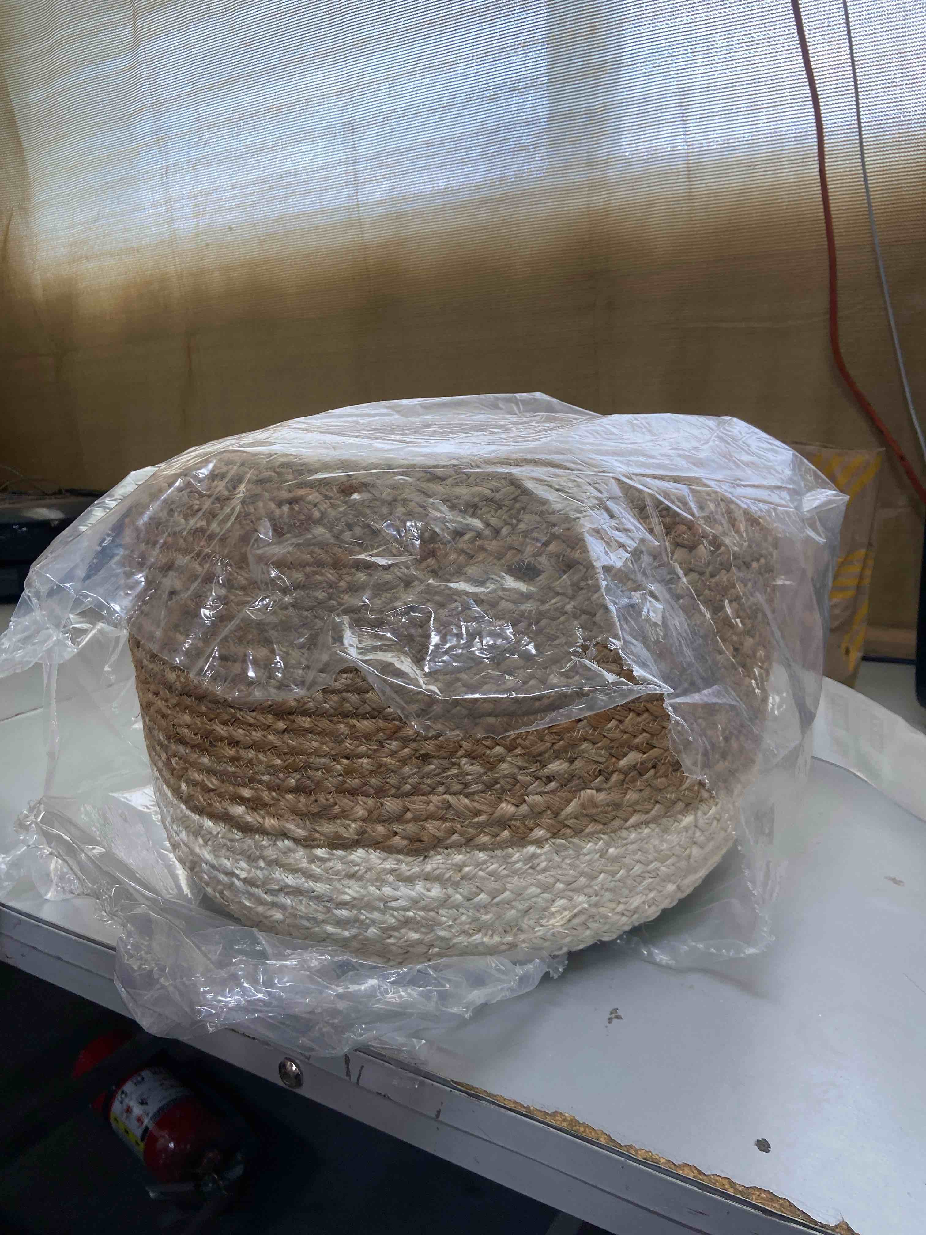Condition photo showing New/Like New for scandilivin homes pouf ottoman - 100% jute braided footrest pouf hand knitted traditional cord boho pouffe for living room, bedroom, nursery, patio, lounge colorblock - natural ivory (20”x20”x10”) ivory 20"x20"x10"
