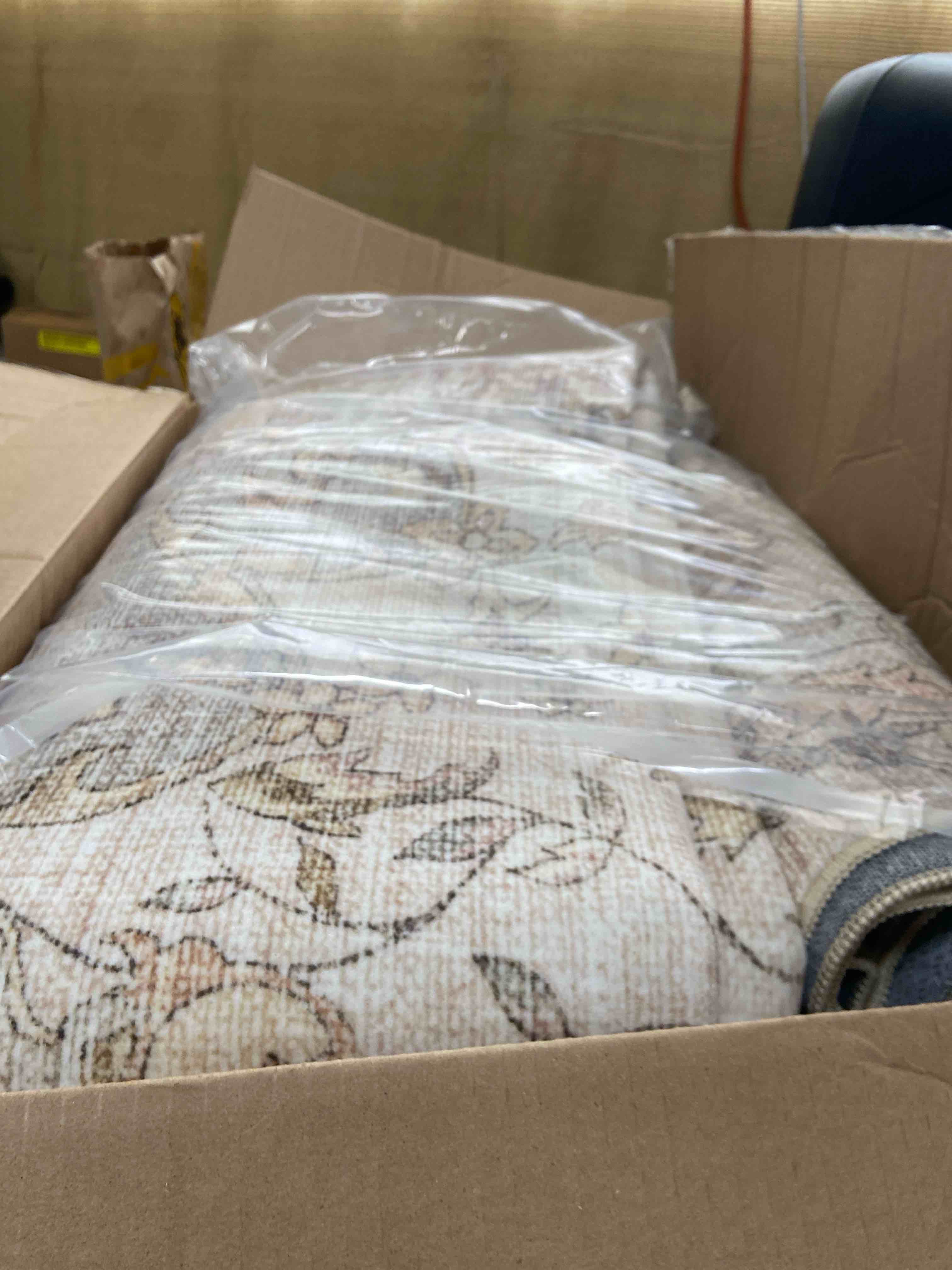 Condition photo showing New/Like New for hauteloom thais living room, bedroom area rug - floral border medallion distressed faded - traditional oriental turkish transitional oushak - light sage, tan, mustard, beige, cream - 7'10" x 10'2"