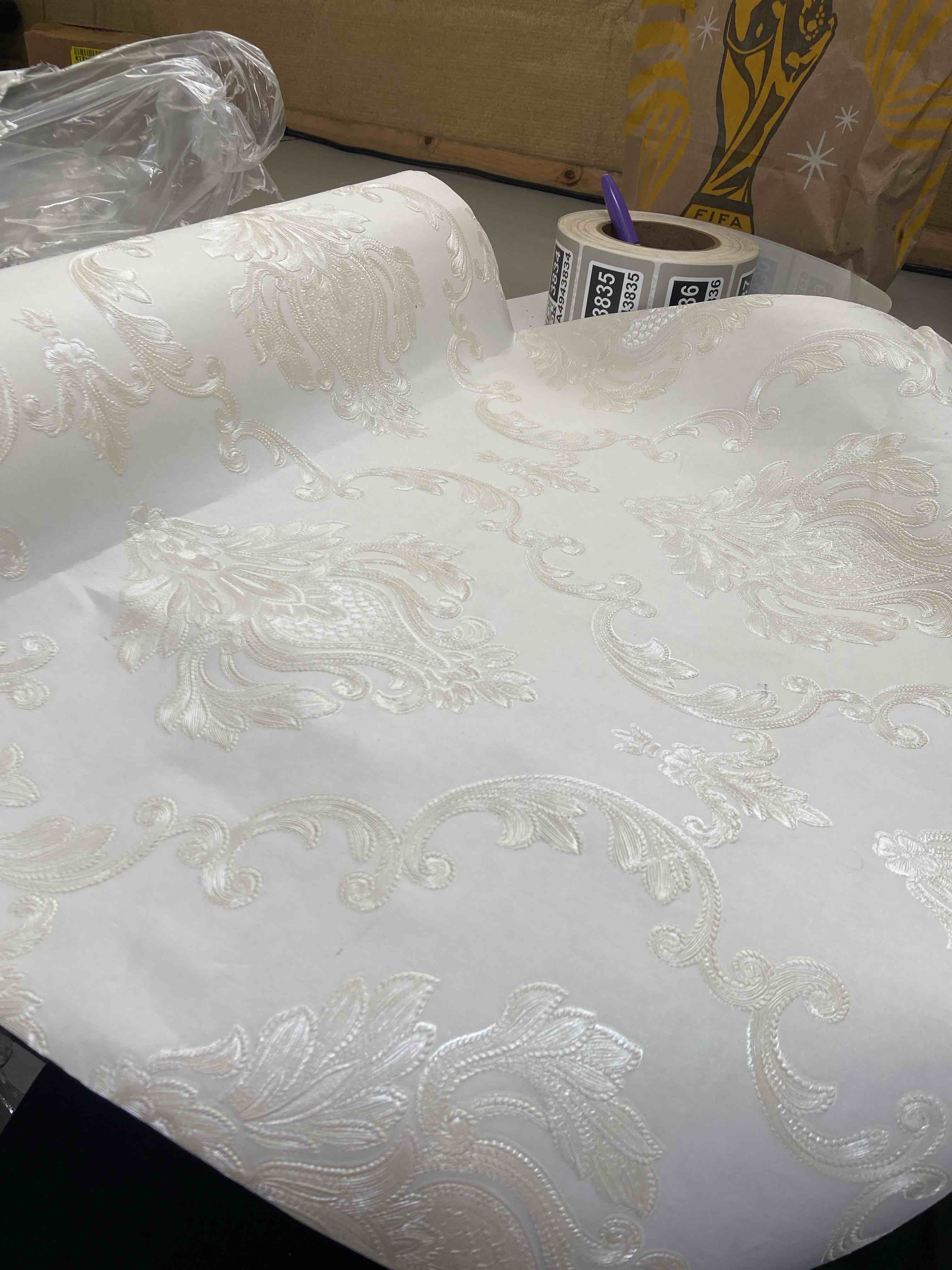 Condition photo showing New/Like New for cream white damask decorative textured floral wallpaper non-woven wall paper home decoration,20.8 in x 393.00 in [ not peel and stick ] 20.8" x 393"