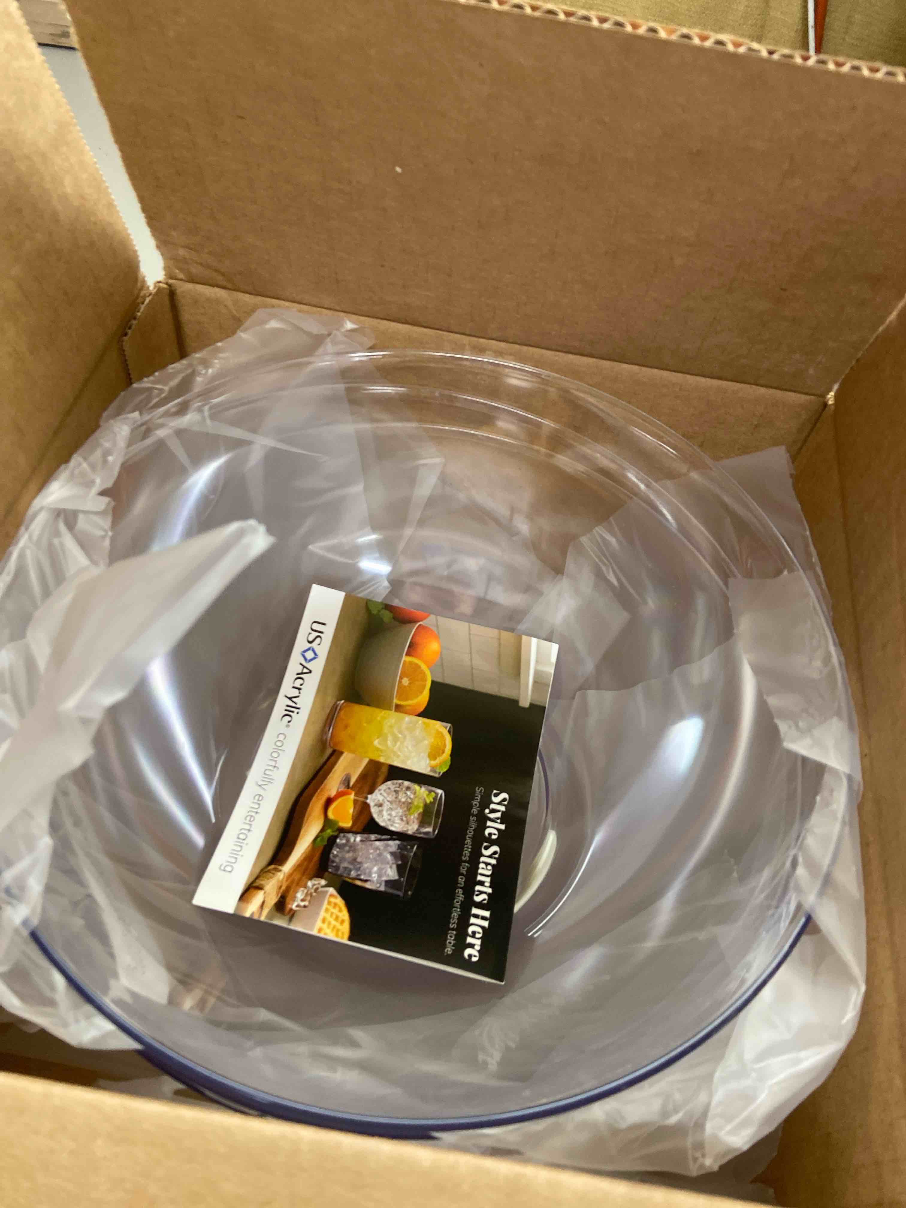 Condition photo showing New/Like New for us acrylic vista clear plastic salad and serving 10-inch bowls | set of 3 | reusable, bpa-free, made in the usa | 135 oz. capacity