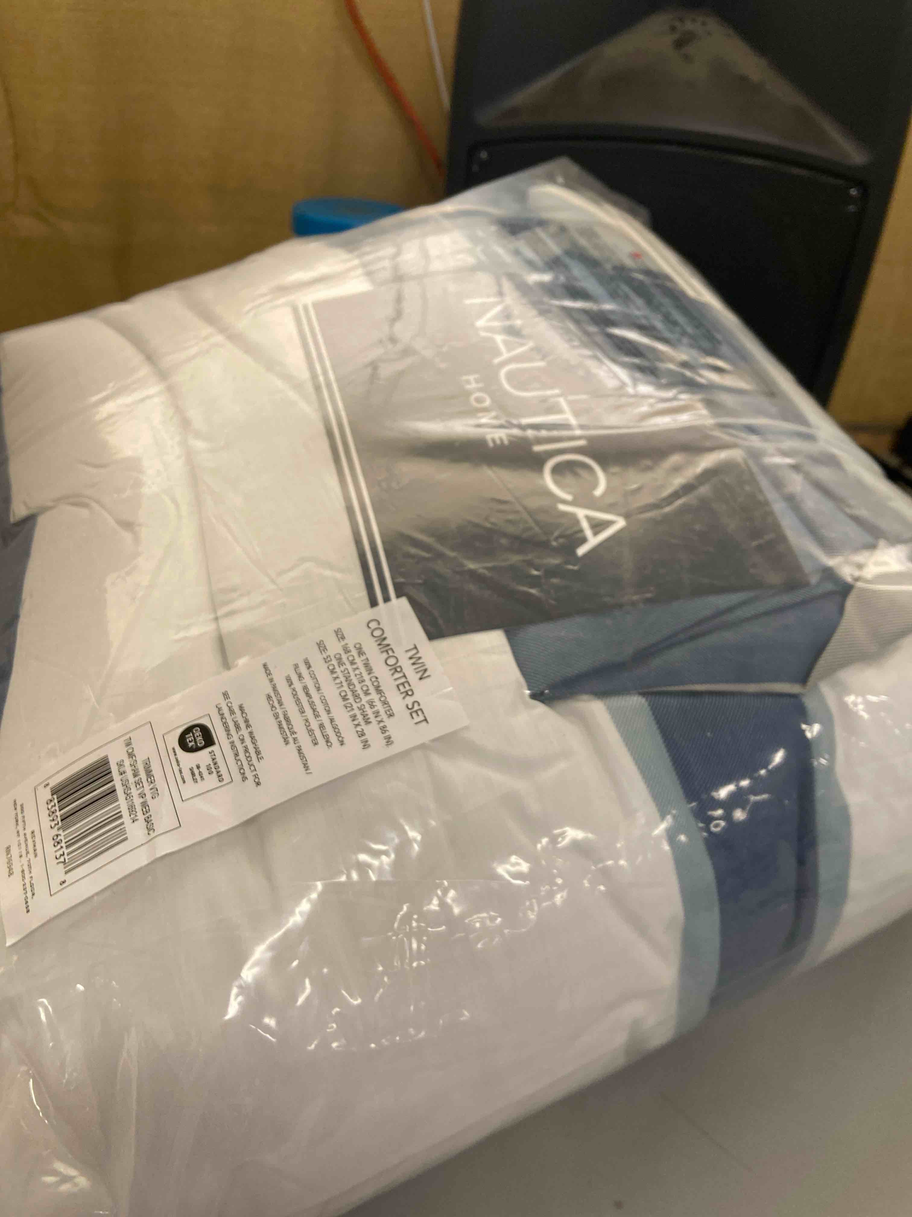 Condition photo showing New/Like New for nautica - twin comforter set, reversible cotton bedding with matching sham, medium-weight for year round use, dorm essentials, oeko-tex certified (trimmer blue) twin trimmer blue
