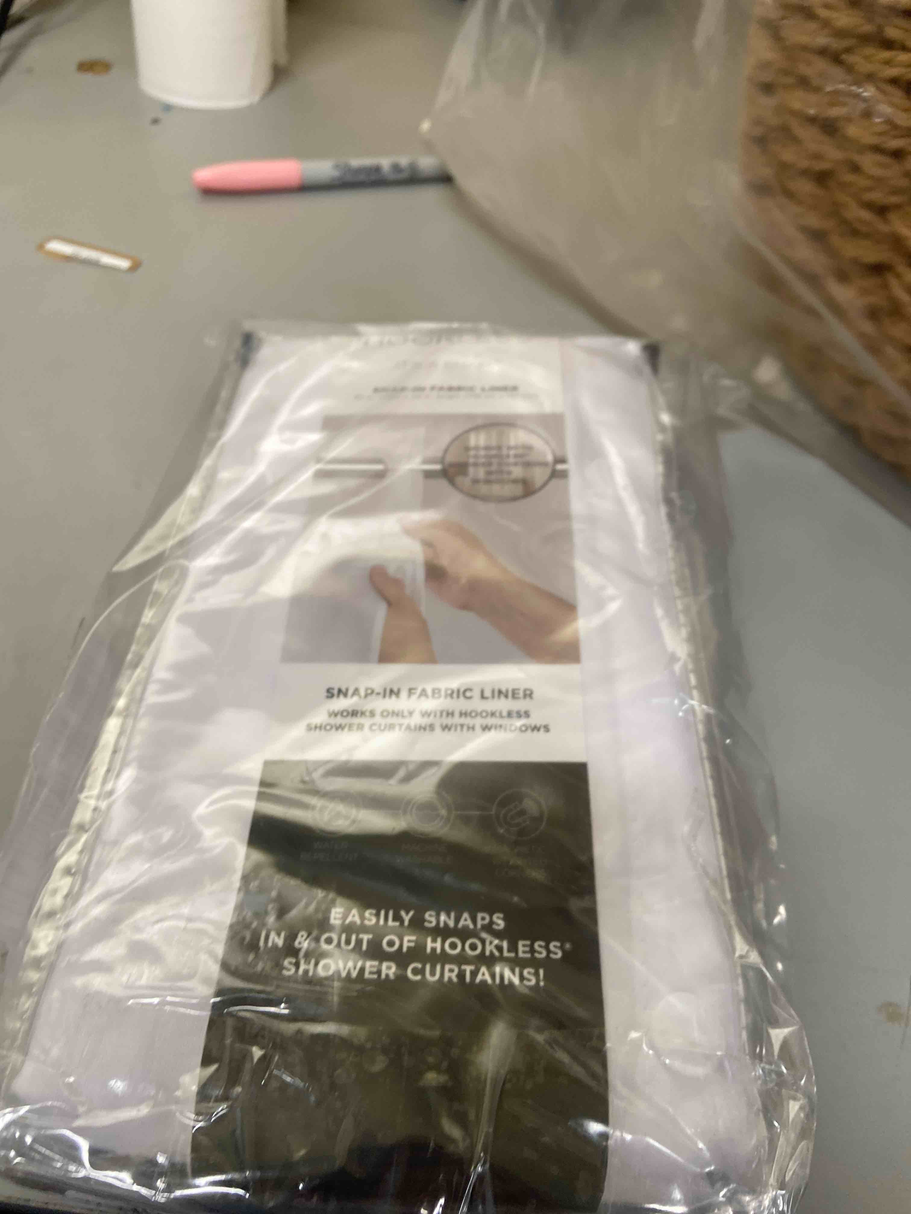 Condition photo showing New/Like New for hookless it's a snap! polyester fabric snap-in replacement shower curtain liner with magnets curtain with sheer window, 70" x 54", water-repellent, easy install, white with magnets 70"w x 54"l (pack of 1) white