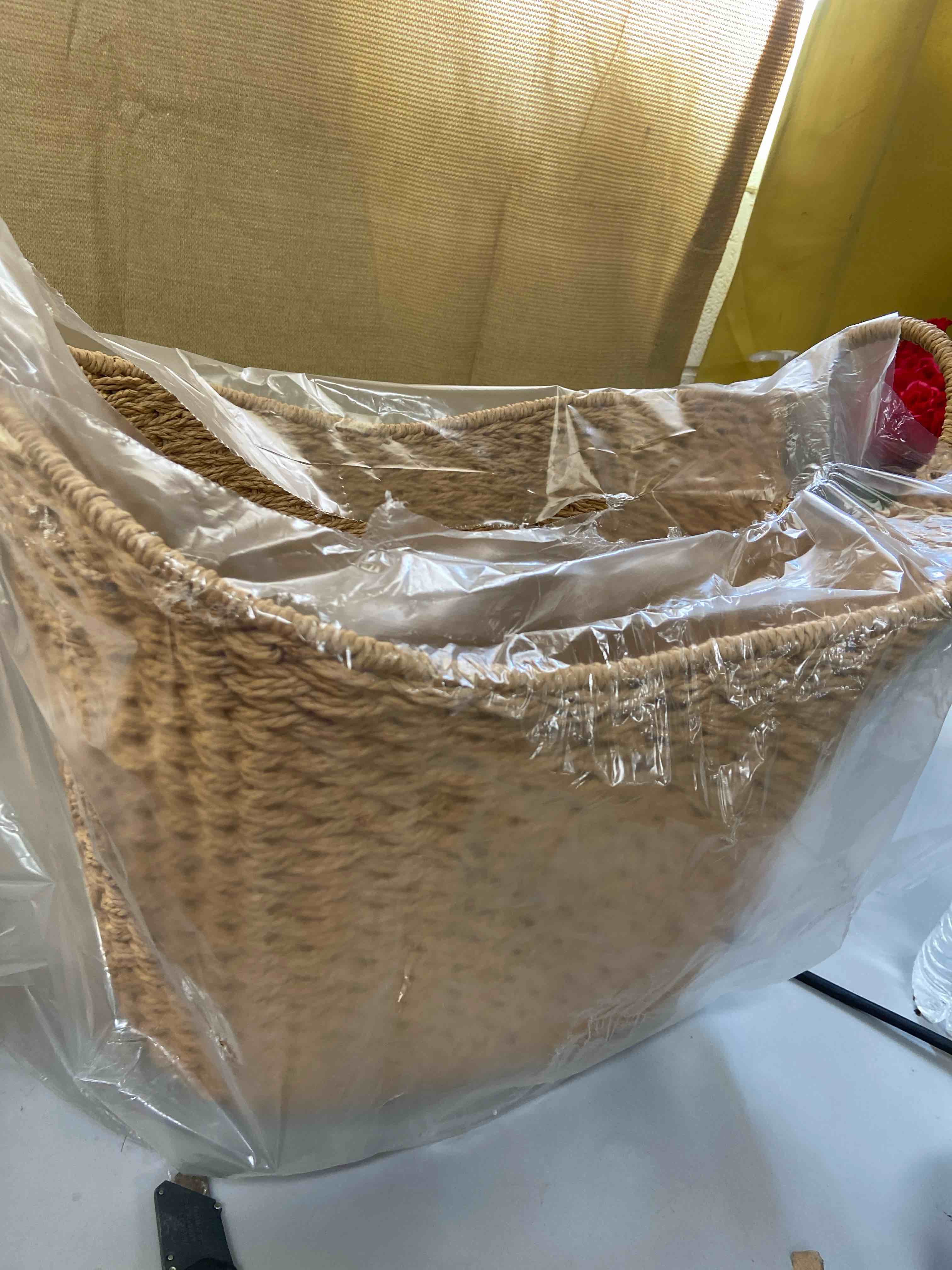 Condition photo showing New/Like New for household essentials brown wicker storage basket with handles large | natural paper rope