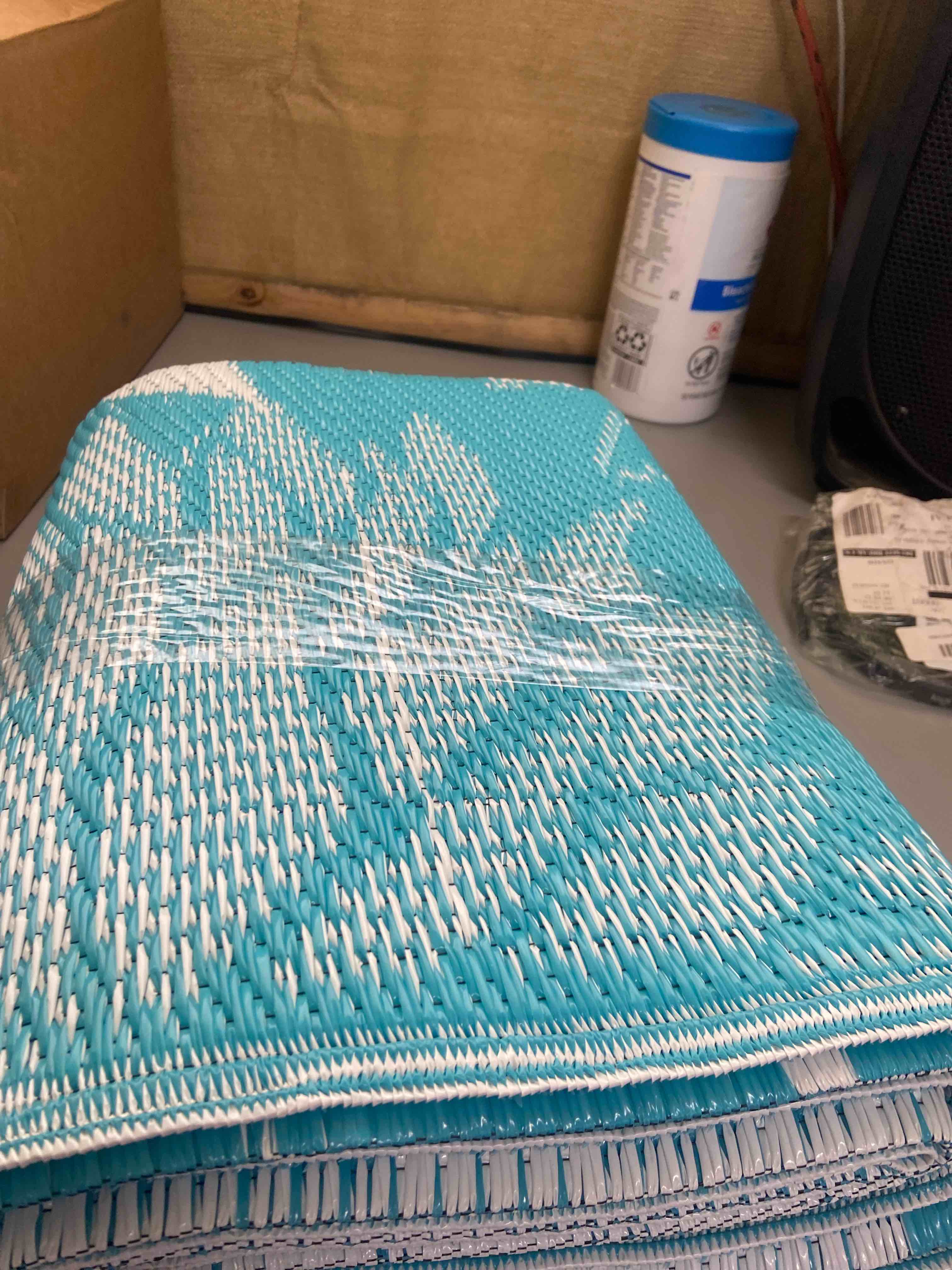 Condition photo showing New/Like New for pauwer outdoor rug 5'x8' waterproof for patios, reversible outdoor plastic straw rug, indoor outdoor area rugs carpet rv mat, outdoor patio camping rug for rv, picnic, backyard, deck, balcony, porch