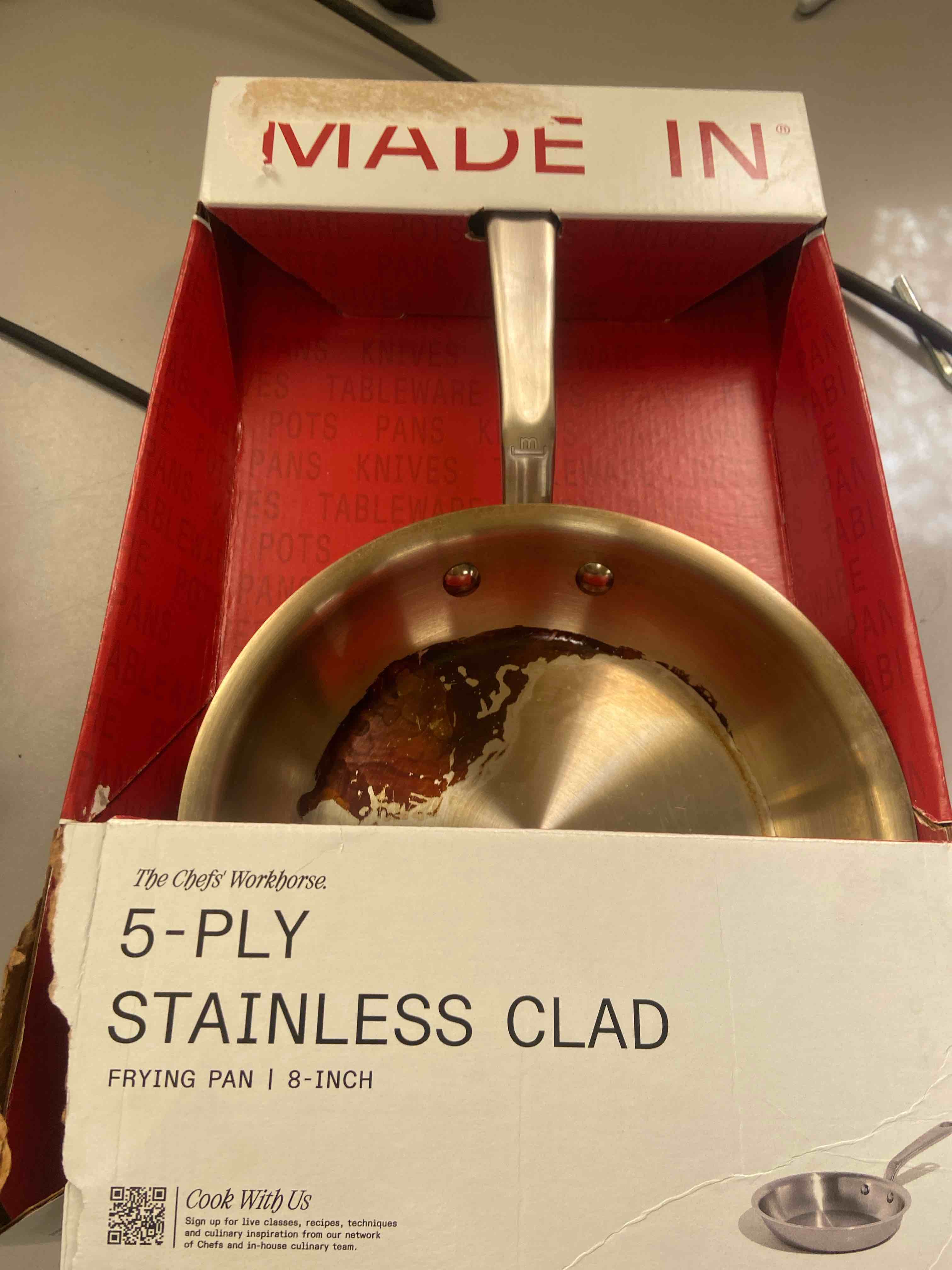 Condition photo showing As Is for made in 5 ply stainless clad 9 frypan