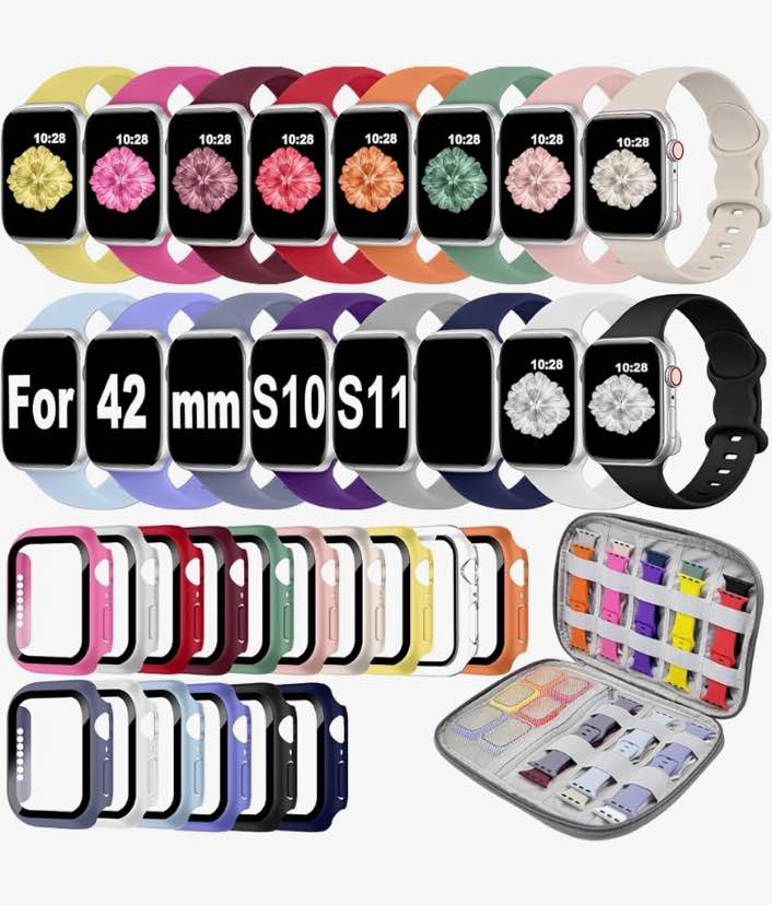 16 pack band compatible with apple watch bands 40mm 41mm 42mm 44mm 45mm 46mm for women men, screen protector case band&organizer for iwatch series 11 10 9 8 7 6 5 4 se