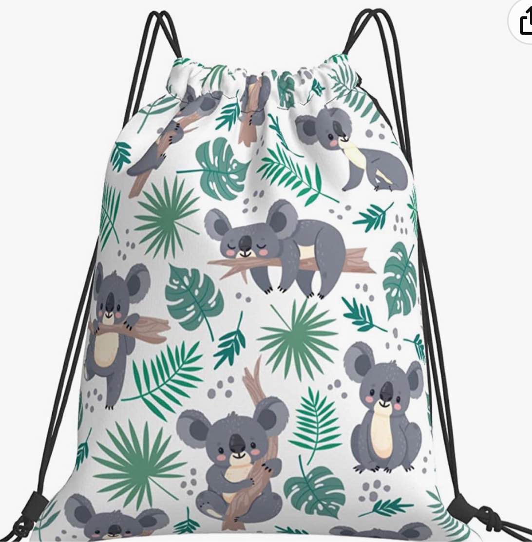 WELLFLYHOM Koala Swim Bag for Kids, Cinch Sack Swimming Drawstring Bags Dance Sport PE GymDrawstring Backpack String Bags Black 