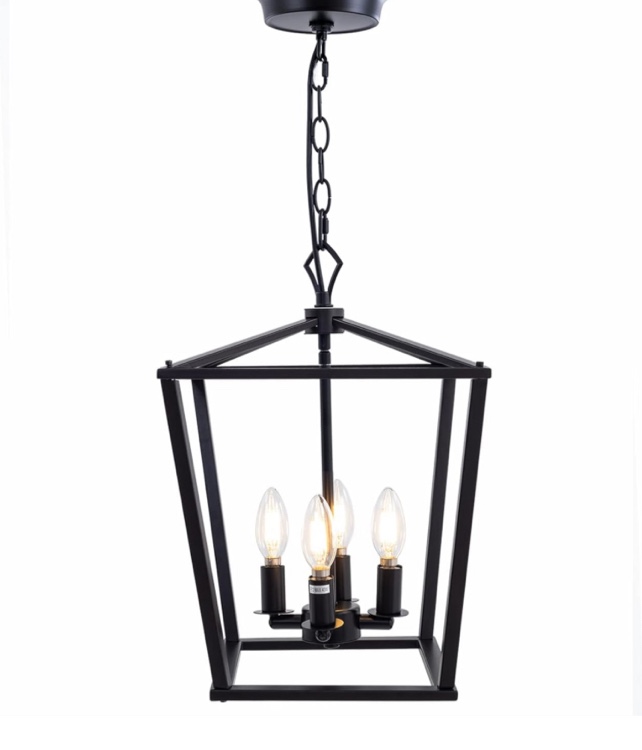 Pendant Lighting, Metal Square Farmhouse Chandelier, Geometric Ceiling Lighting,12" Lantern Hanging Light Fixture for Foyer Kitchen Island, Adjustable Height, Dimmable, Industry Vintage Style (Black)
