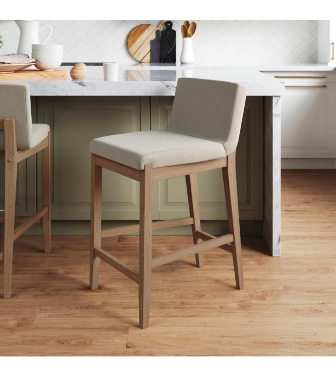 Nathan James Gracie Modern Counter Height Bar Stool with Back, Counter Stool Upholstered Chair with Natural Flax White Fabric and Brushed Wooden Legs, Natural Flax/Brown