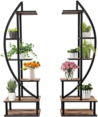 Elevens 2 Pcs 6 Tier Tall Metal Indoor Plant Stand Half-Moon-Shaped Plant Shelf Holder Multi-Purpose Plant Stands plants decor plant stands for home decoration (arc-oak)