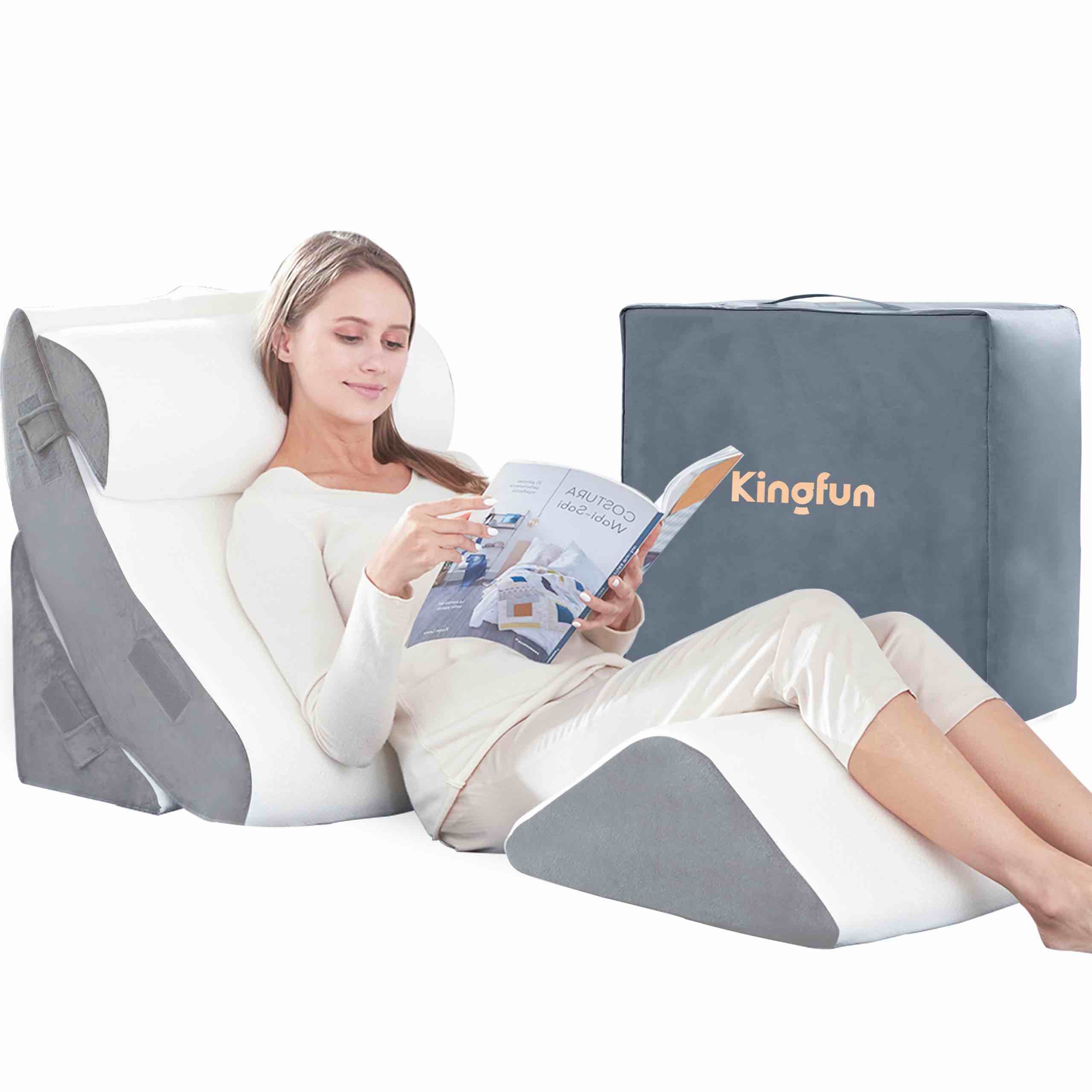Kingfun 4pcs Orthopedic Bed Wedge Pillow Set for Post Surgery, Memory Foam for Sleeping, Adjustable Leg, Back and Arm Support, Sitting Up and Rest Pillow with Travel Bag