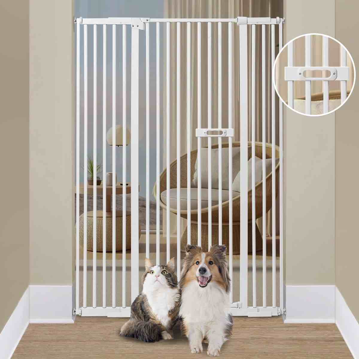 59" Extra Tall Cat Gate 2024 Easy Opening Auto Close Gate for Door Way, 30"-45" Extra Wide Pet Gate with 4" and 7.85" Extension Kits, Pressure Mount Kit Dog Gate, White