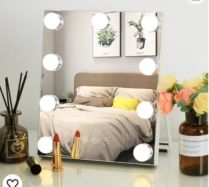 WAYKING Cosmetic Mirror Hollywood Mirror Table Mirror with 9 Dimmable Lamps, Makeup Mirror with Lighting, Makeup Mirror with 3 Colour Modes, Make Up Standing Mirror Touch Control White (25 x 30 cm)