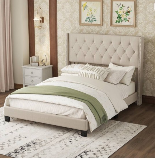 king tufted upholstered bed light beige  