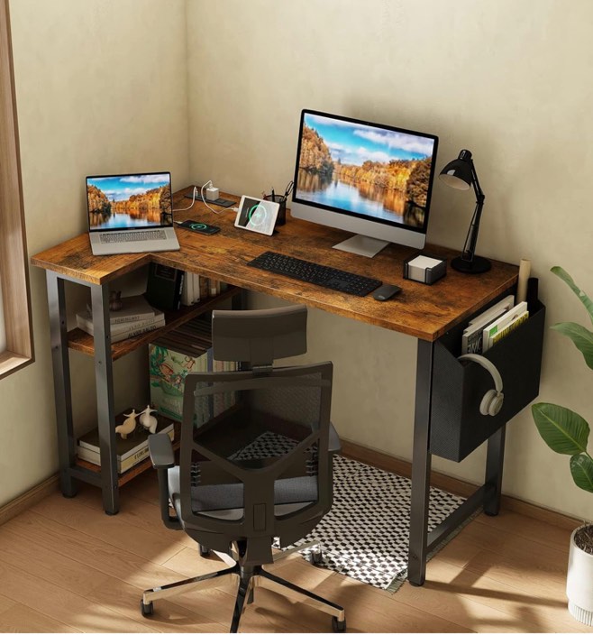 Lufeiya Small L Shaped Desk with Power Outlet Shelves, 40 Inch Corner Desk for Small Space Home Office, L-Shaped Computer Desk PC Desks with Charging Station, Rustic Brown