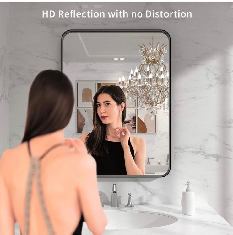 LOAAO Black Metal Framed Bathroom Mirror for Wall, 22X30 Inch Rounded Rectangle Mirror, Matte Black Bathroom Vanity Mirror Farmhouse, Anti-Rust, Tempered Glass, Hangs Horizontally or Vertically