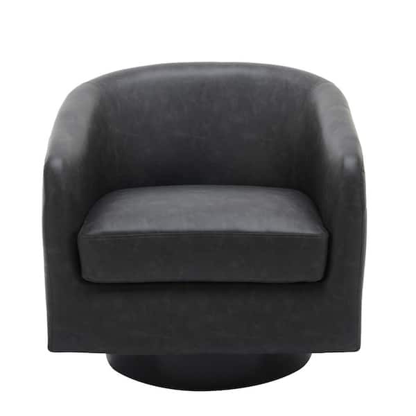 Uixe Black PU Leather Upholstered 360°Swivel Arm Chair With Wood Base (Set of 1) CH0030-BLACK