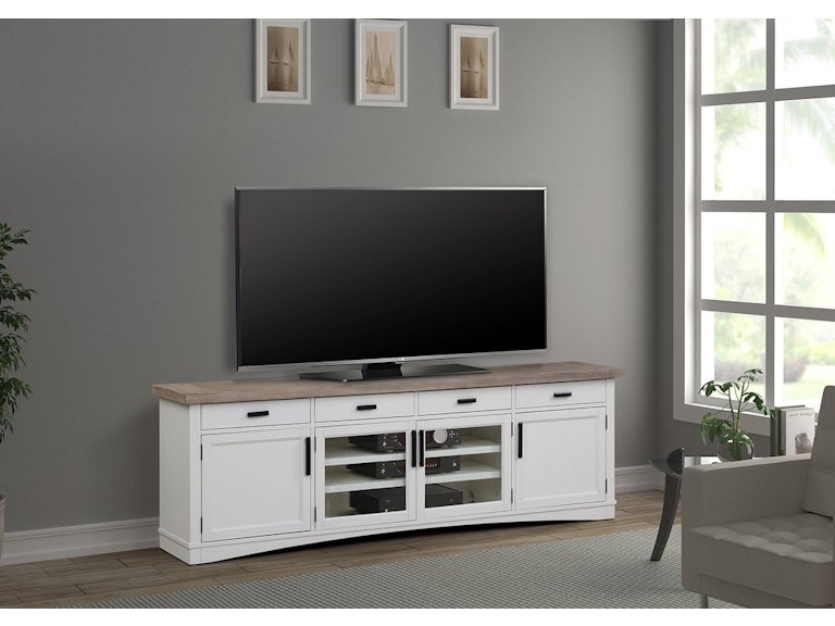 Parker House Home Entertainment Americana Modern 92 Inch TV Console AME-92-COT at Carol House Furniture, 4 Drawers 4 Door Wooden Sideboard Cabinet in White with Sand Brown Top and Black Handles