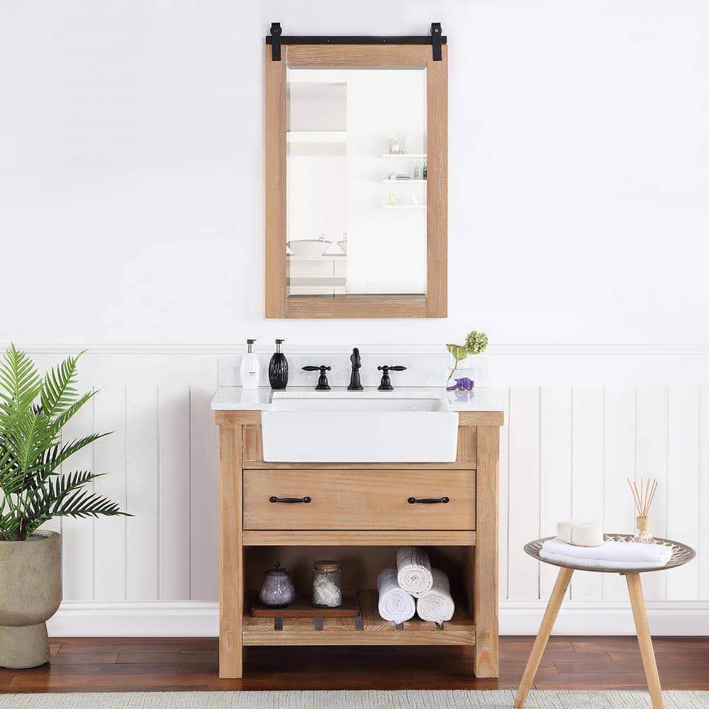 Villareal 36" Free Standing Single Basin Vanity Set with Cabinet and Stone Composite Vanity Top, Lightly Whitewashed Natural Wood Single Sink Vanity with 1 Open Shelf, 1 Drawer, and Farmhouse style sink bowl with white stone top. Depth:22 in. Height:33.9 in. Nominal Width:36 in.