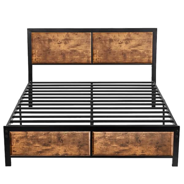 Full Size Platform Metal Bed Frame with Wooden Headboard and Footboard?Rustic Country Style Bed Frame?56.6"W?Brown