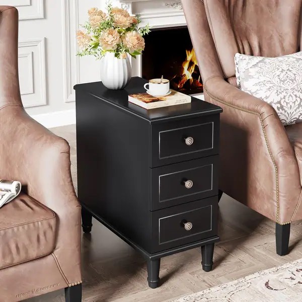 Fully Assembled Narrow End Table, Solid Wood Side Table with 3 Drawers, Vintage Nightstand Slim Bedside Table for Small Spaces - Black